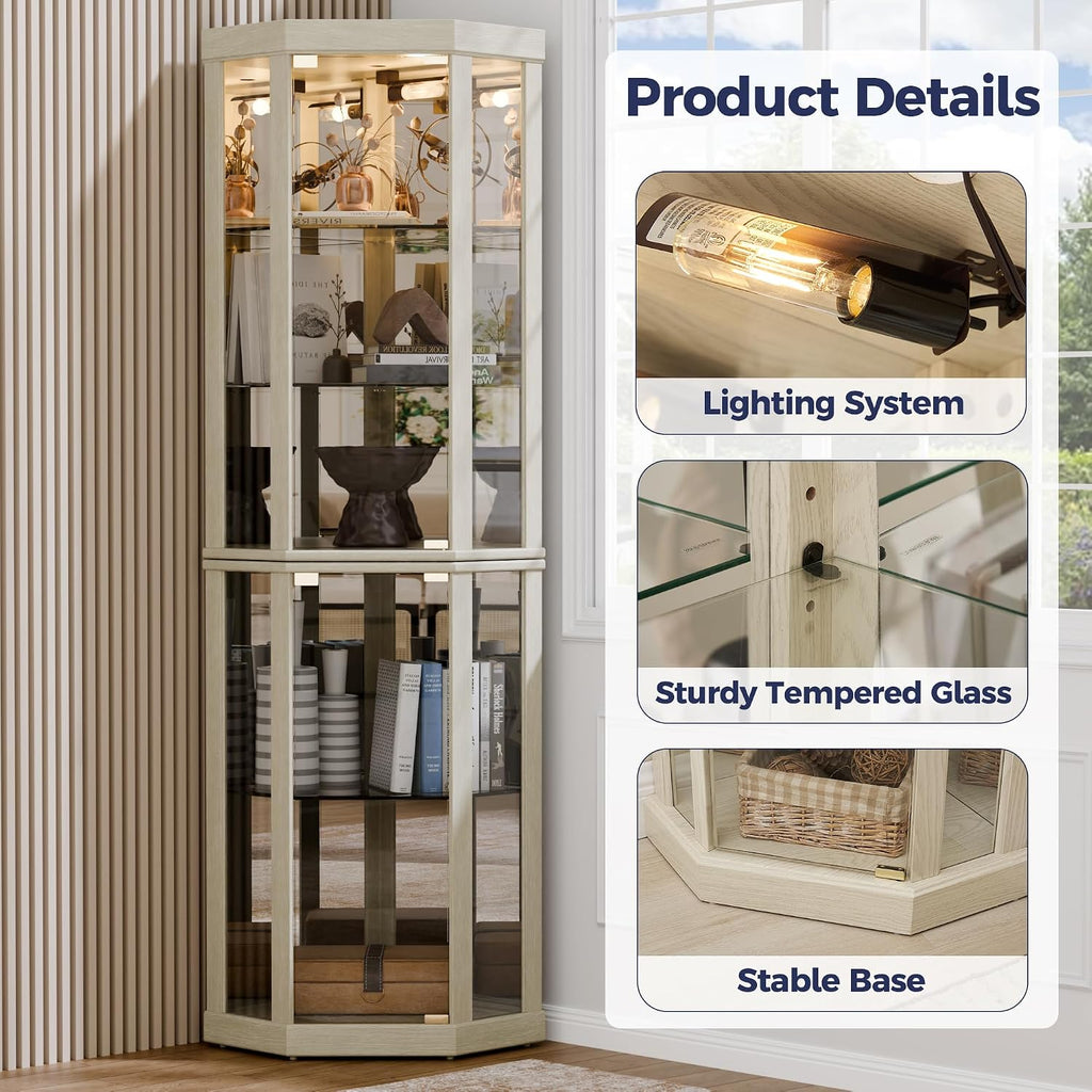 Lighted 3-Side Glass Display Curio Cabinet, Corner China Cabinet with Tempered Glass Doors, Wooden Display Case with Light Bulb for Living Room, Antique White