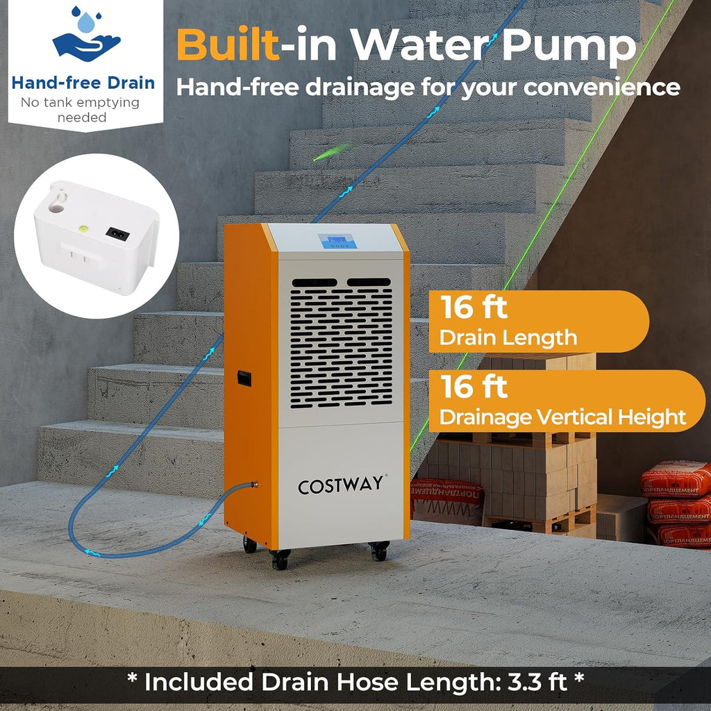 COSTWAY 290 Pints Commercial Dehumidifier with Pump, Industrial Dehumidifier with Drain Hose, 24H Timer & Wheels for Basement, Warehouse, Large Spaces up to 9,000 Sq.Ft