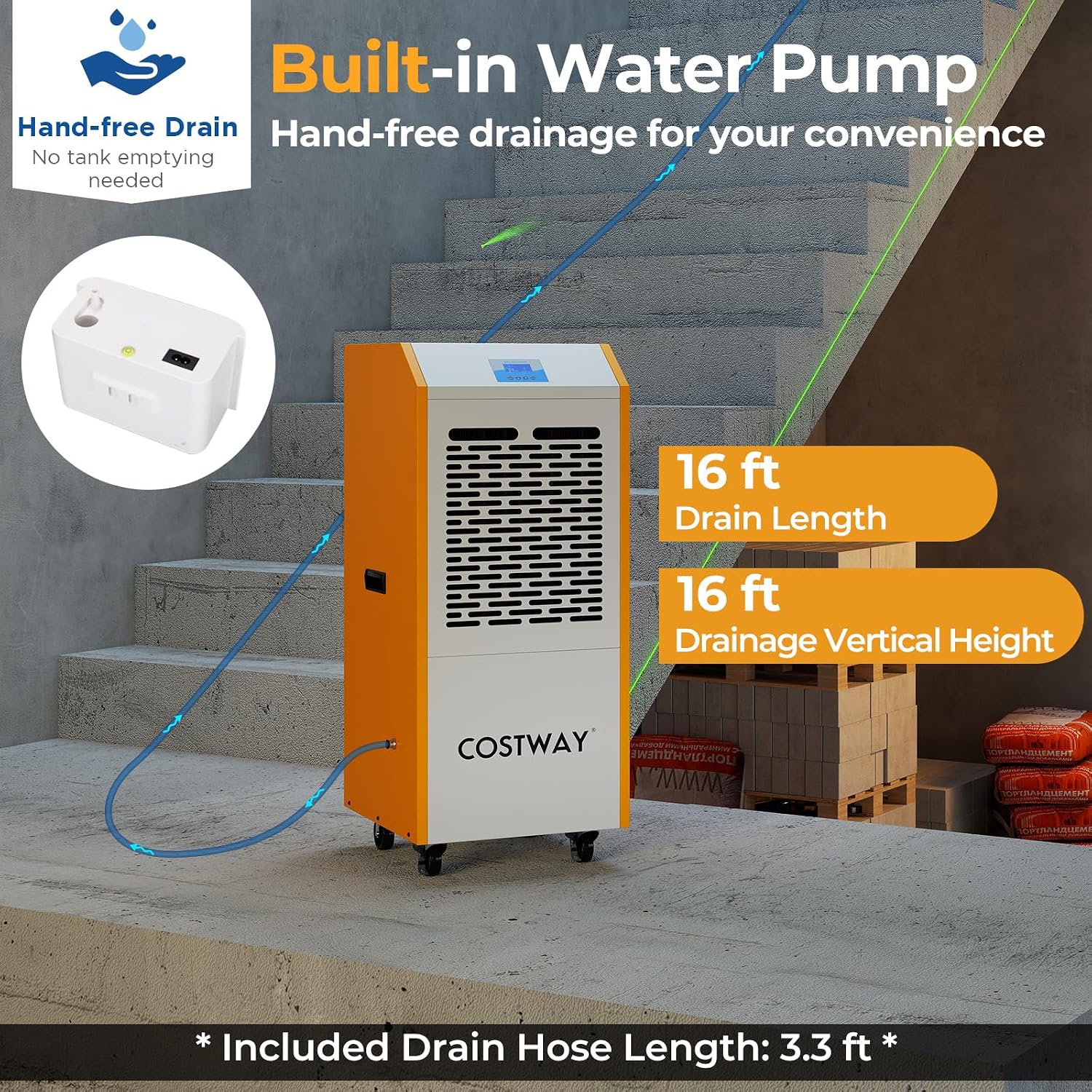 COSTWAY 290 Pints Commercial Dehumidifier with Pump, Industrial Dehumidifier with Drain Hose, 24H Timer & Wheels for Basement, Warehouse, Large Spaces up to 9,000 Sq.Ft