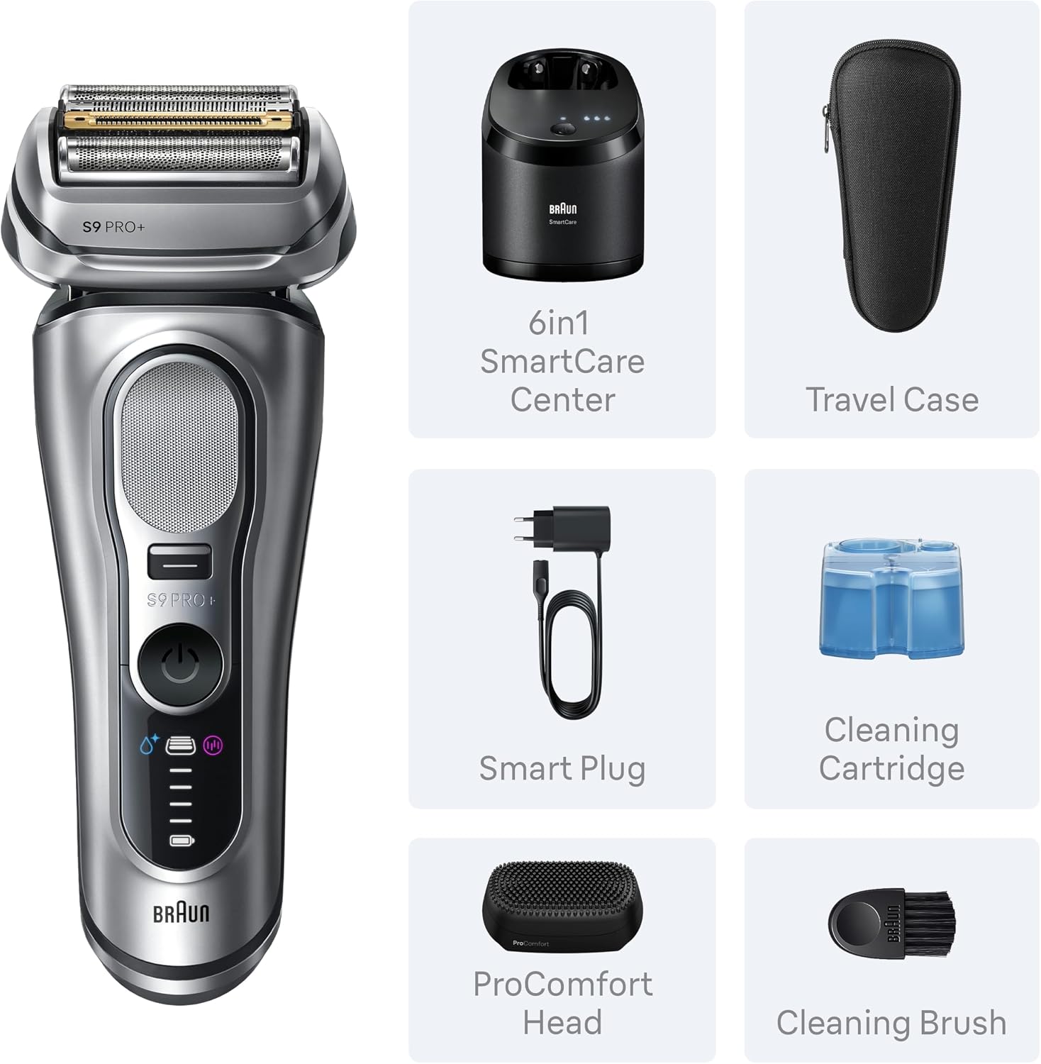 Braun Series 9 PRO+ Electric Shaver, Wet & Dry Razor, Pro SensoAdapt, 6in1 SmartCare Center, 9697CC, Silver