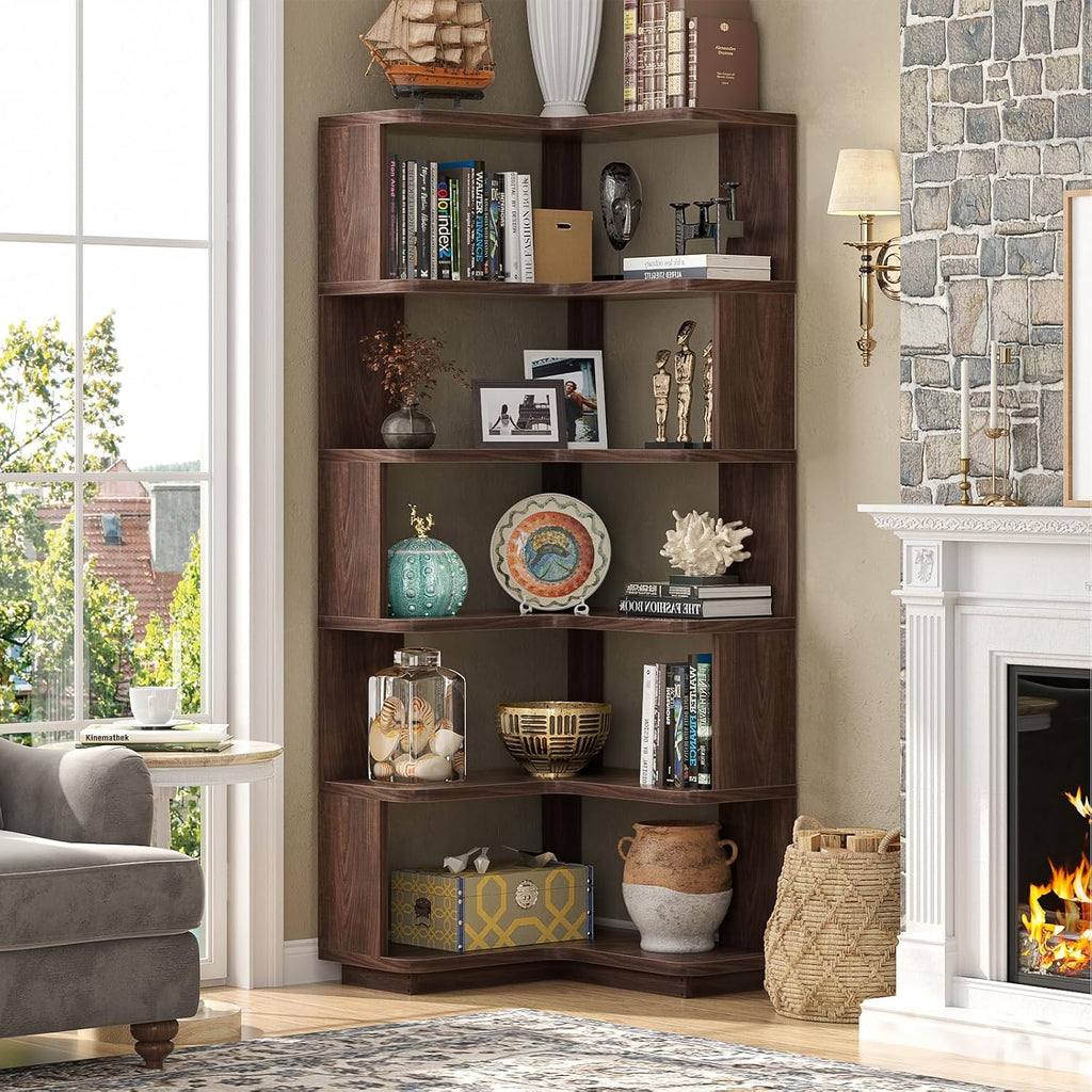 Armocity Corner Book Shelf - 6-Shelf Corner Bookshelf Etagere Bookcase with Baffle, Freestanding L Shaped Display Shelf Stand for Home Office, Living Room, Bedroom, Kitchen, Black Walnut