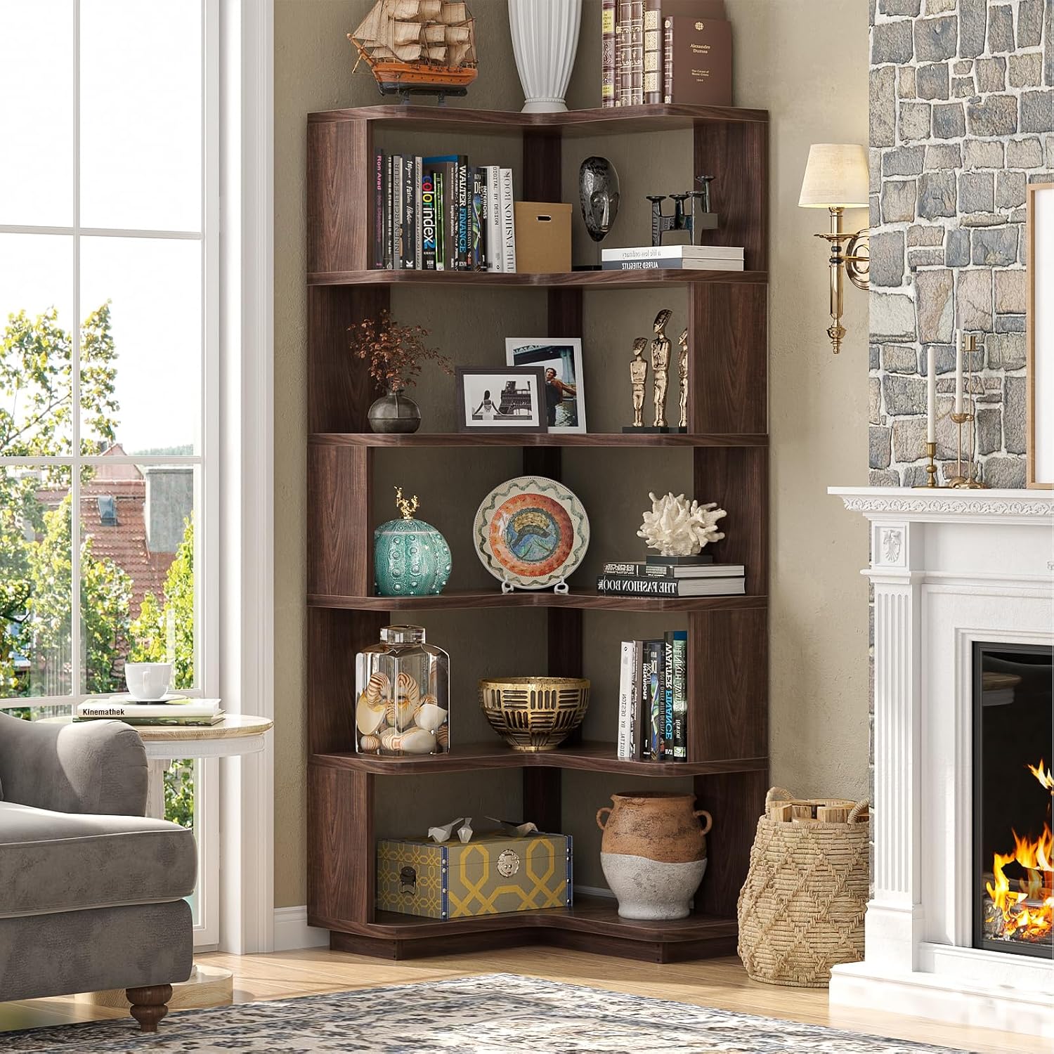 Armocity Corner Book Shelf - 6-Shelf Corner Bookshelf Etagere Bookcase with Baffle, Freestanding L Shaped Display Shelf Stand for Home Office, Living Room, Bedroom, Kitchen, Black Walnut