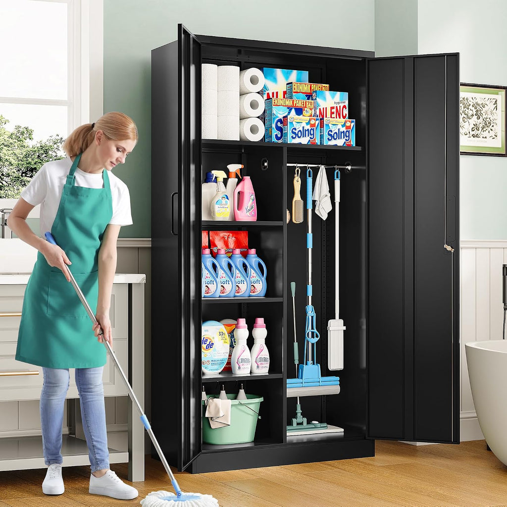 Wide & Deep Metal Storage Cabinet with Hanging Rod,Black Broom Closet Storage Cabinet with Lock,72' Tall Wardrobe Cabinets with Doors and Shelves,Locking Steel Tool Cabinets for Home,Office,Garage