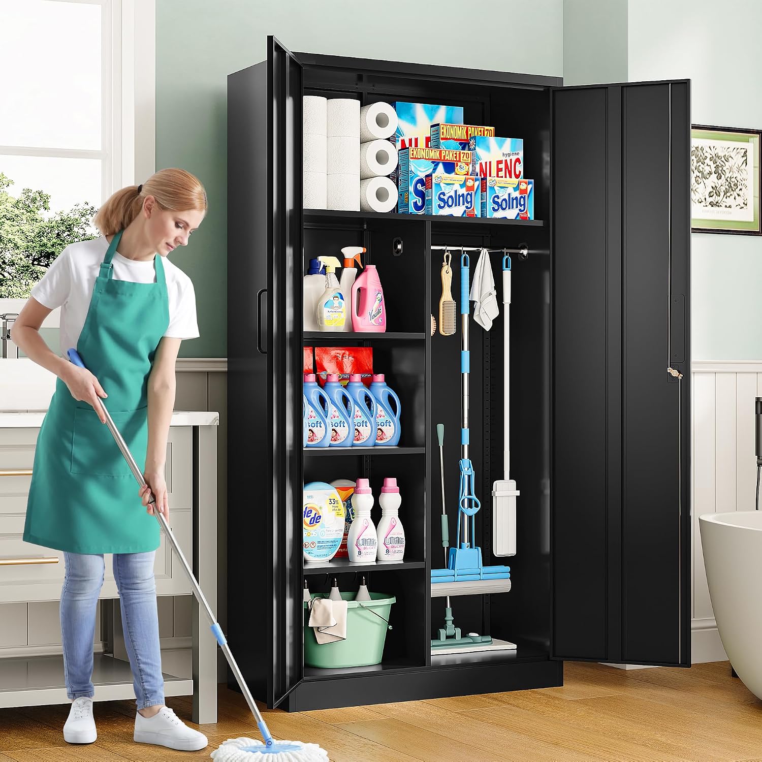 Wide & Deep Metal Storage Cabinet with Hanging Rod,Black Broom Closet Storage Cabinet with Lock,72' Tall Wardrobe Cabinets with Doors and Shelves,Locking Steel Tool Cabinets for Home,Office,Garage