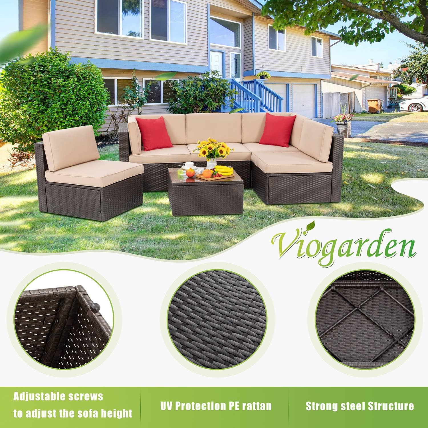 Vongrasig 6 Piece Patio Furniture Set, Small Outdoor Sectional Sofa Couch, All Weather PE Wicker L-Shaped Corner Patio Sofa Garden Backyard Patio Conversation Set w/Glass Table, Beige