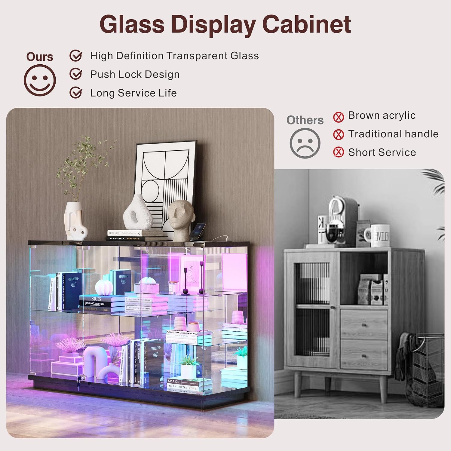 Lvifur High Gloss Display Cabinet - with Lock, Curio Cabinet with Human Body Sensor & Glass Shelves for Toys, Books, Collectibles, Liquor, Bookcase for Living Room, Kitchen, Study, Black