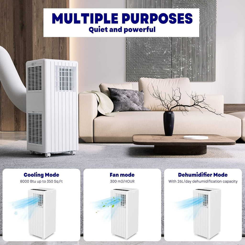 8,000 BTU Portable Air Conditioner, 3-1 AC Unit with Dehumidifier, Fan, Sleep Modes for Rooms Up to 350 Sq, Quiet Portable Cooling AC with Remote Control & 24H Timer for Bedroom, Apartments