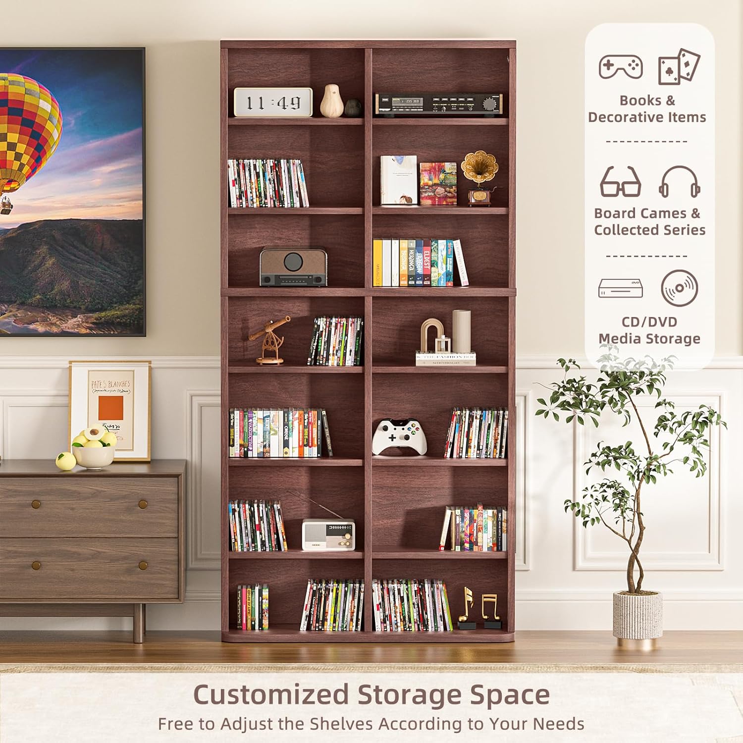 LELELINKY 7 Tier Tall Display Cabinet, Walnut Media Storage Cabinet with Adjustable Shelves, Free Standing DVD Organizer Shelf, Floor Multimedia Storage Manga Bookshelf for Living Room & Home Office.