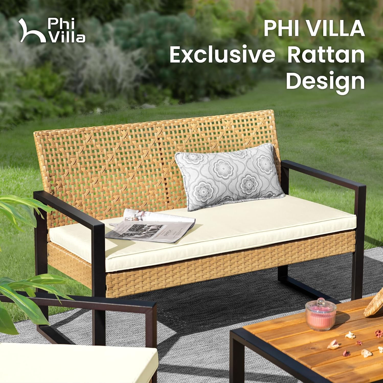 PHI VILLA Wicker Patio Furniture Set for 4, Rattan Small Patio Loveseat and Chairs with Acacia Wood Coffee Table, Outdoor Conversation Set with Cushion, Front Porch Furniture for Deck, Yard, Garden
