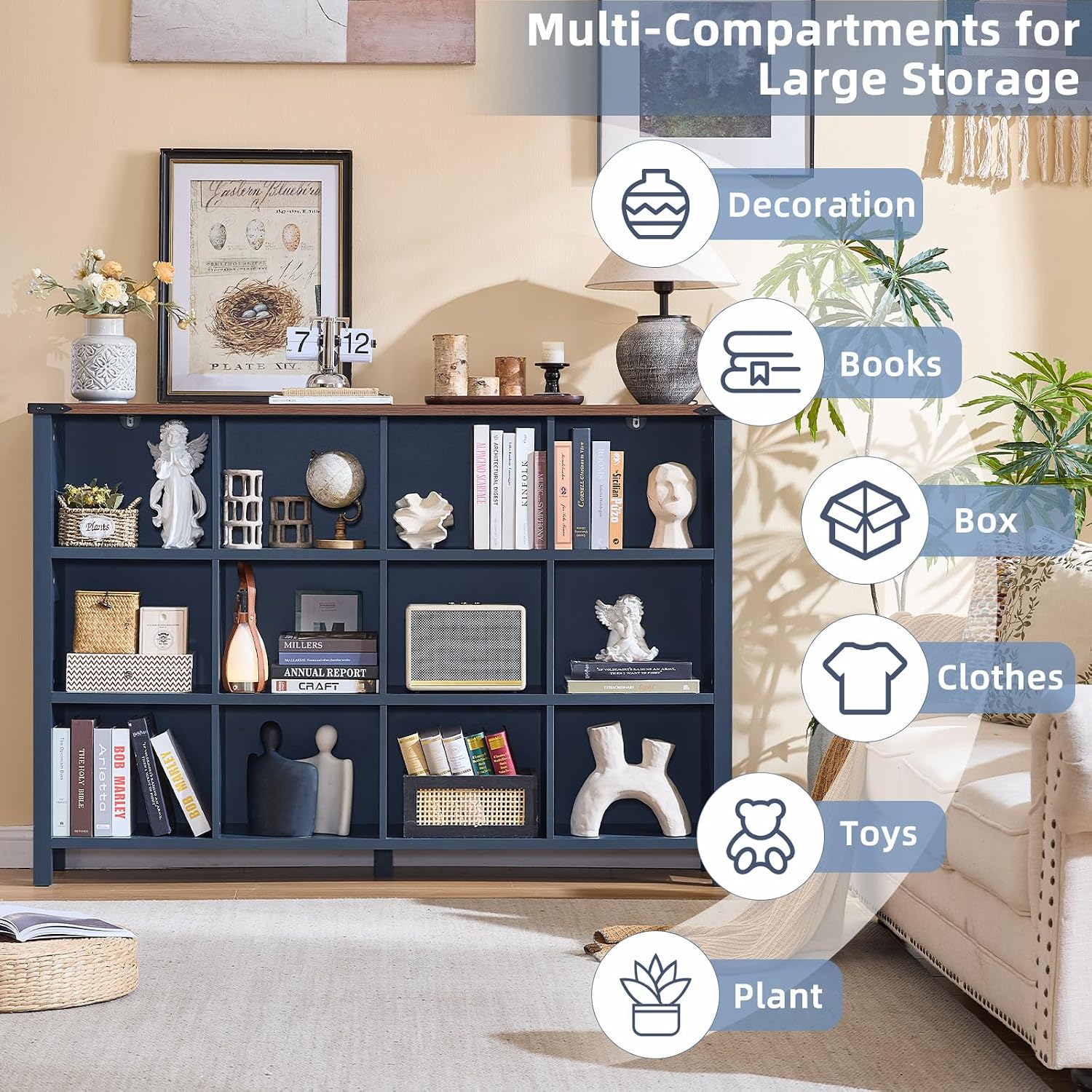 Joaxswe 12 Cube Storage Organizer, Farmhouse 62 Inch Wide Navy Blue Display Bookshelf, Wooden 3 Tier Large Open Book Shelf, Vintage Bookcase for Home Office, Cubby Cabinet for Living Room, Bedroom