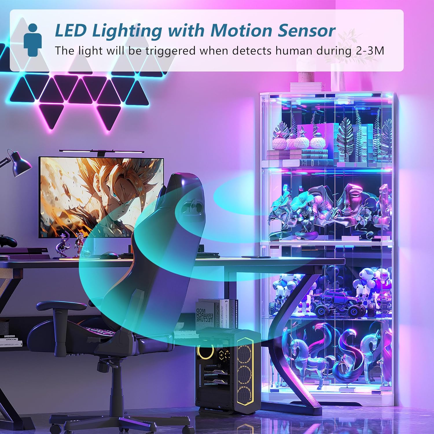 TAGELIER Corner Display Cabinet with Glass Doors, 64.7' Tall Curio Cabinet with RGB Lights for Collectibles, 4-Tier Showcase Display Case with Human Sensor for Toys, Books, White