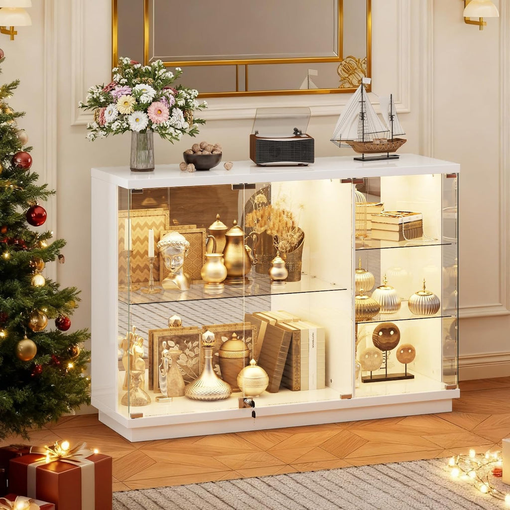 HNEBC Lockable Display Curio Cabinet with Glass Door,47.2' W Glass Display Cabinet with 3 Color Lights for Collectibles,5-Tier Lighted Display Case with Human Sensor,Living Room,White
