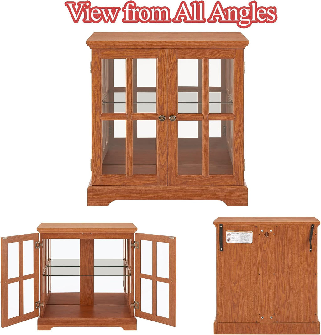 30' Glass Curio Display Storage Cabinet with LED Light, Modern 2 Lattice Doors Tableware Display Sideboard w/Adjustable Shelves, Retro Design Quality Showcase Bookcase for Home (Dark Oak)