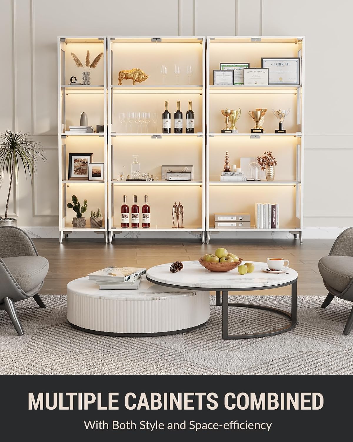 Glass Display Cabinet, 4-Tier Curio Cabinet, Adjustable Shelves, 60,000 Color Lights for Collectibles, Storage Cabinet with Door, Glass Display Case & Bookcase, App & Remote Control, White