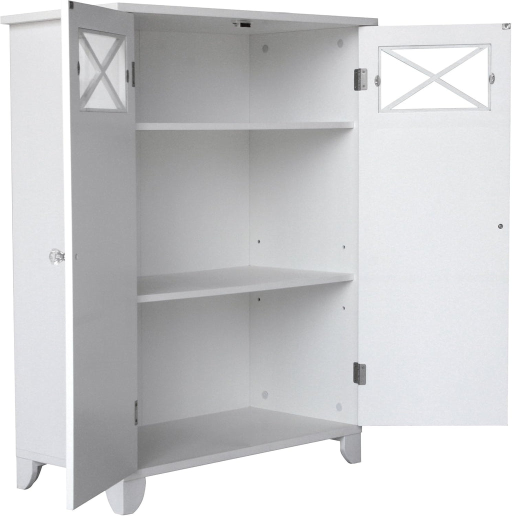 Teamson Home Dawson Wooden Freestanding Floor Cabinet with 1 Fixed 1 Adjustable Shelves 3 Storage Spaces 2 Glass Paneled Doors and 2 Clear Knobs, White