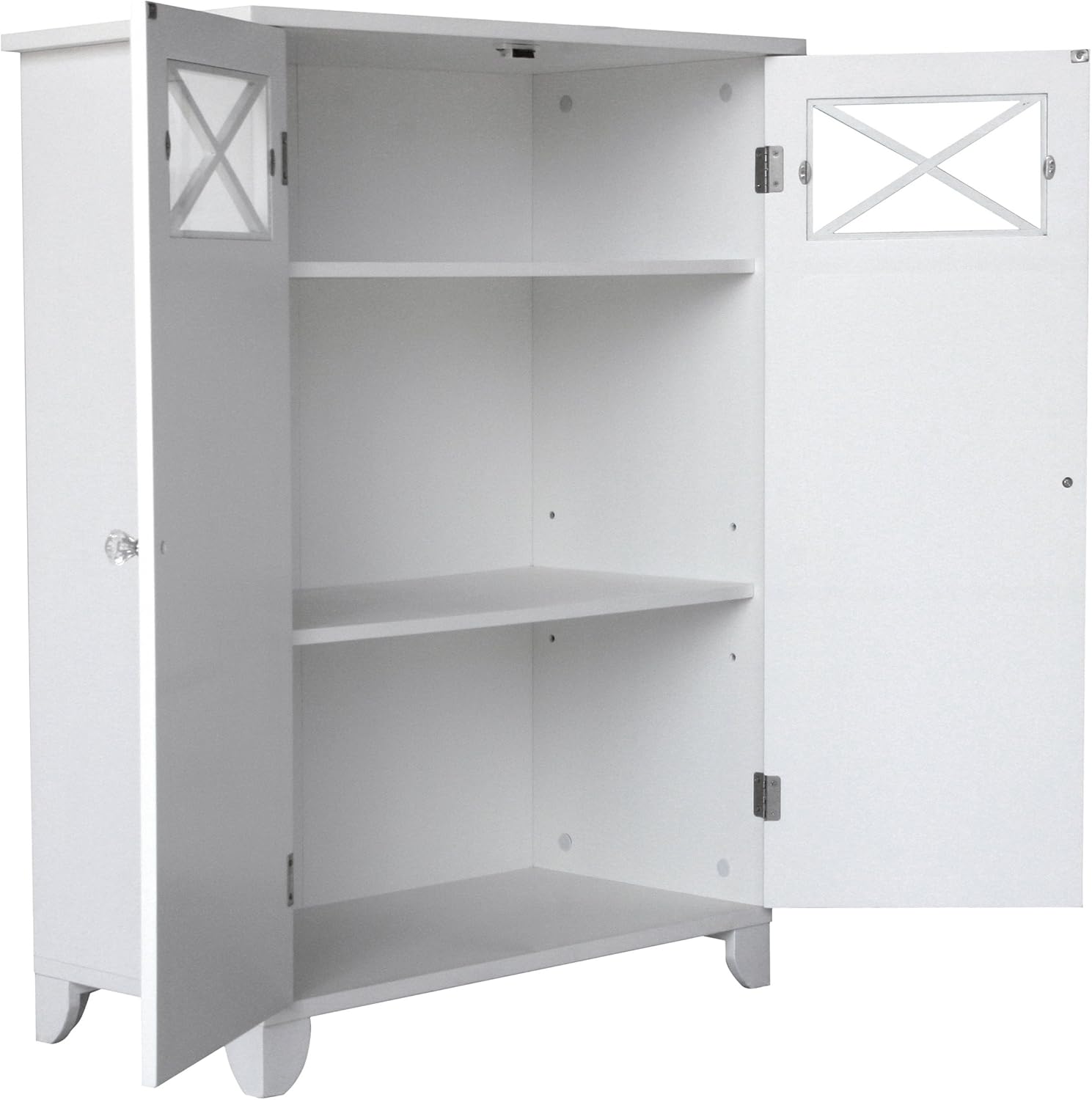 Teamson Home Dawson Wooden Freestanding Floor Cabinet with 1 Fixed 1 Adjustable Shelves 3 Storage Spaces 2 Glass Paneled Doors and 2 Clear Knobs, White