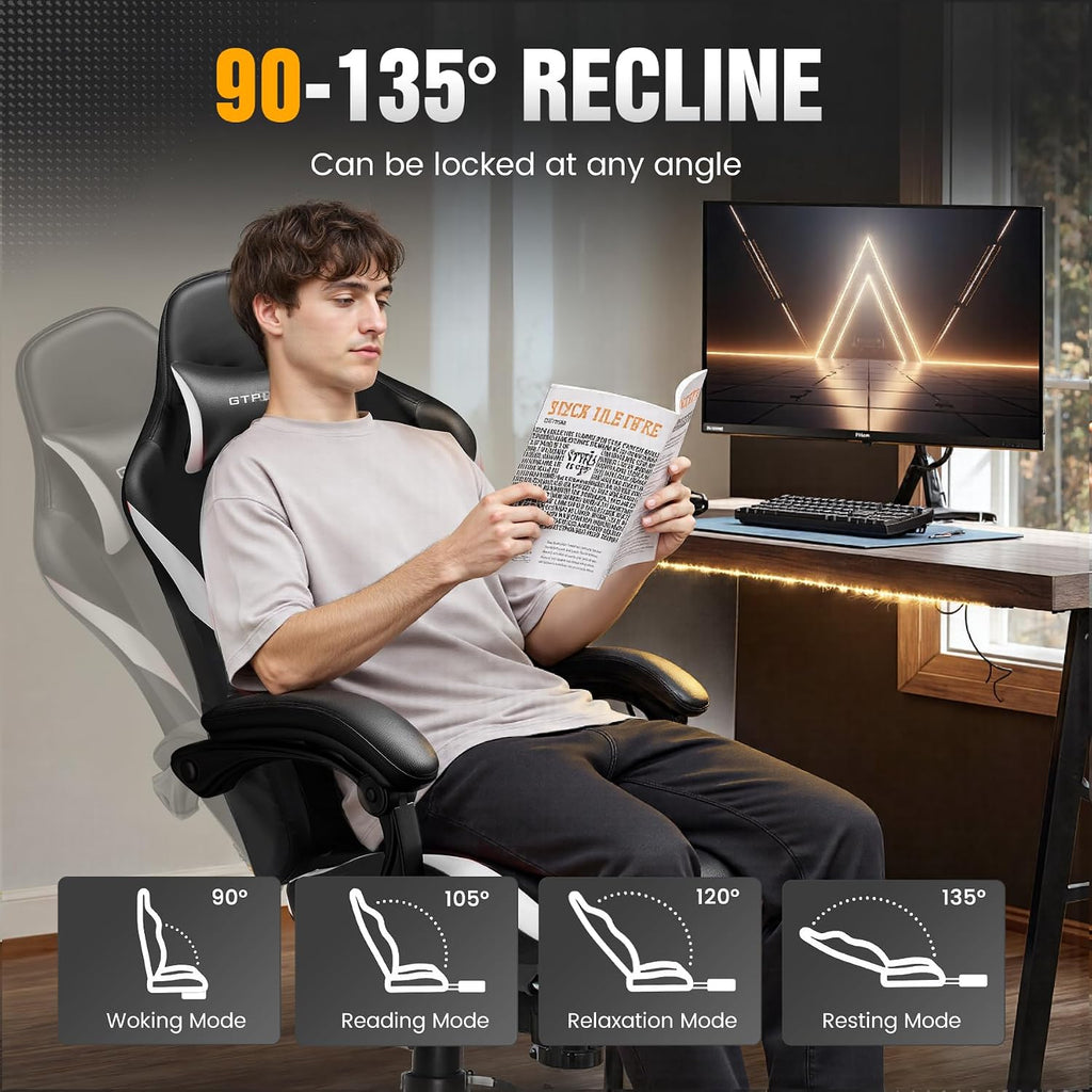GTPLAYER Gaming Chair with Foot Rest & Pocket Spring Cushion, Ergonomic High Back Computer Chair with Headrest & 360°-Swivel Seat for Home Office Desk, PU Leather, White/Black