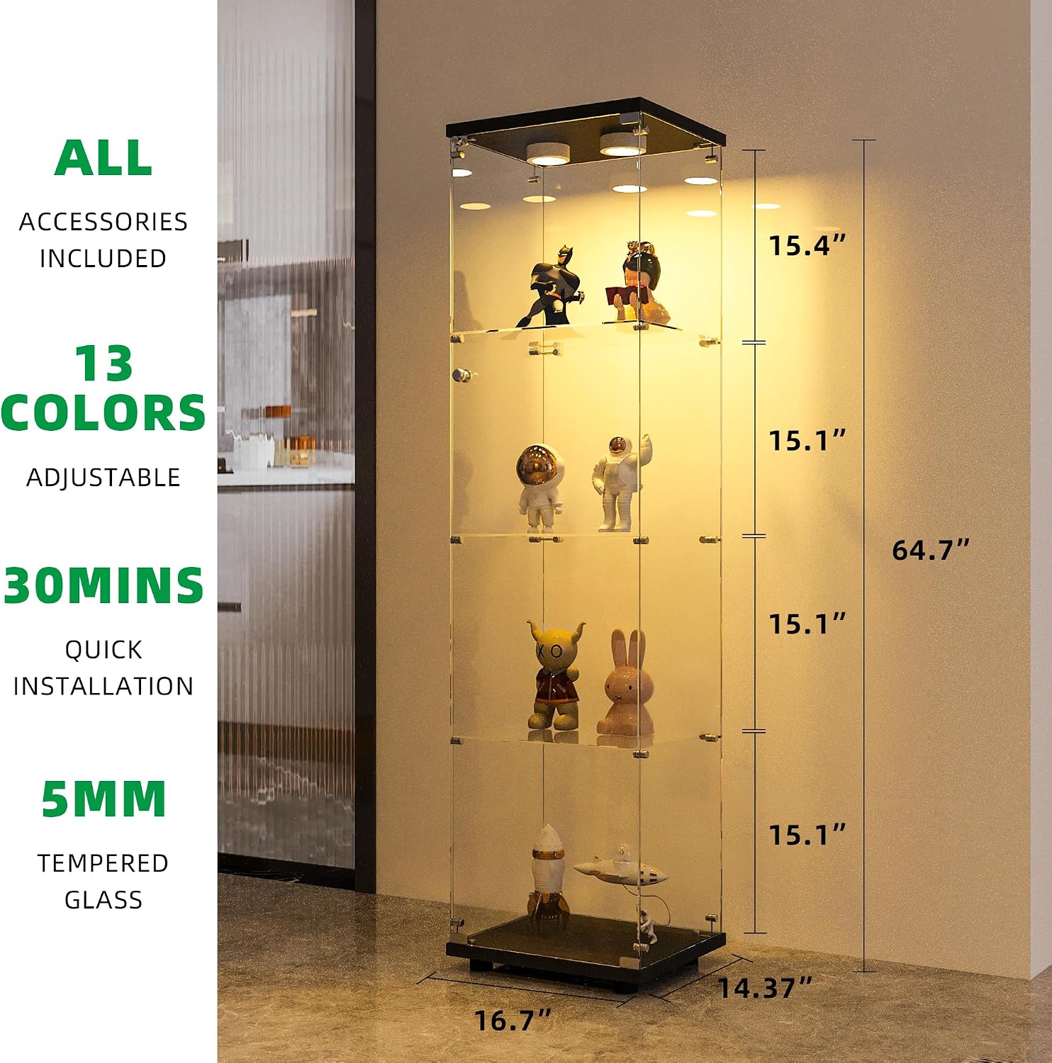 FANYUSHOW Display Cabinet with Glass Door and LED Light, 4-Tier Tempered Glass Display Shelf, Glass Curio Cabinet Collection Display Case, Display Case Cabinet, Black 64.7' H x 16.7' L x 14.37' W