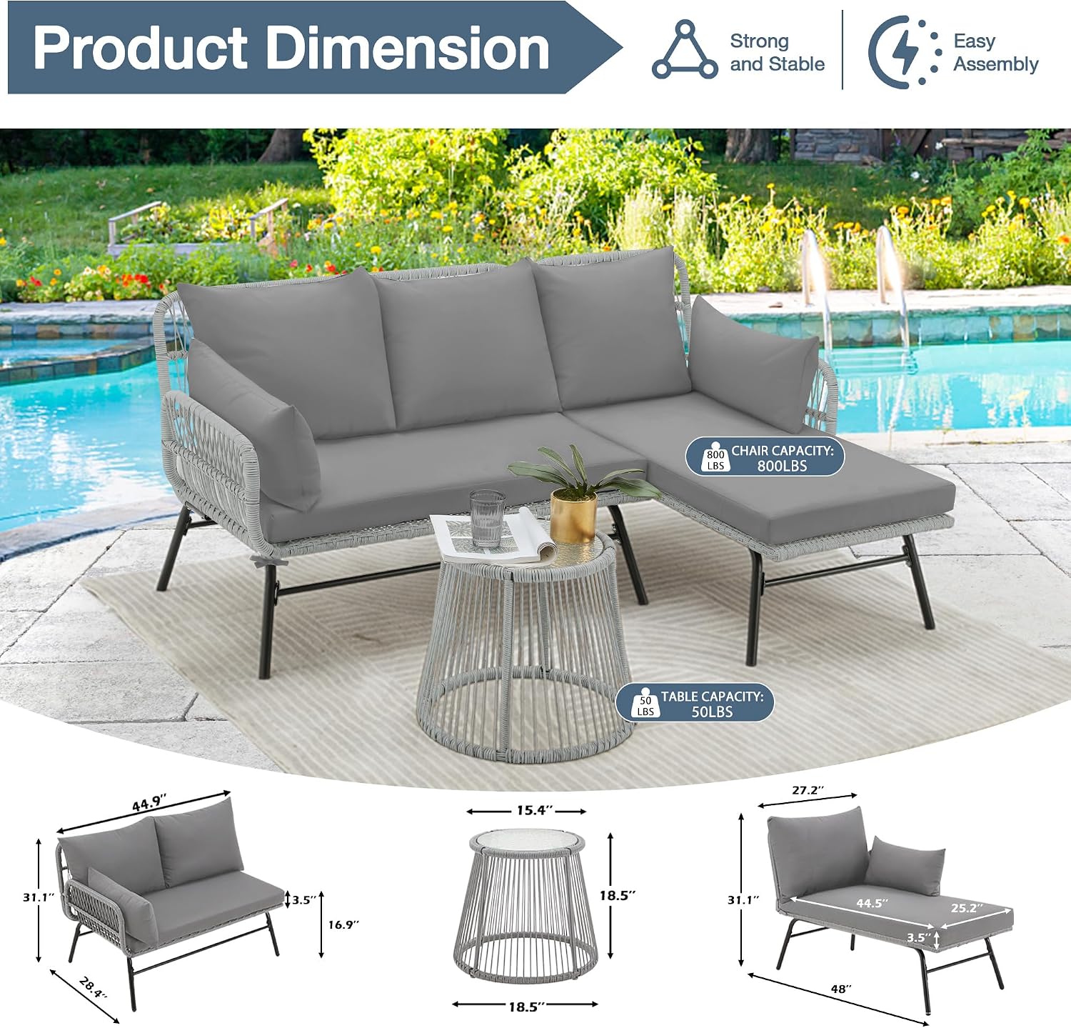 EROMMY 3 Piece Boho Patio Conversation Sets, L-Shaped Sectional Patio Furniture Sofa Set with Thick Cushions and Toughened Glass Coffee Table for Backyard Balcony Garden Porch, Gray