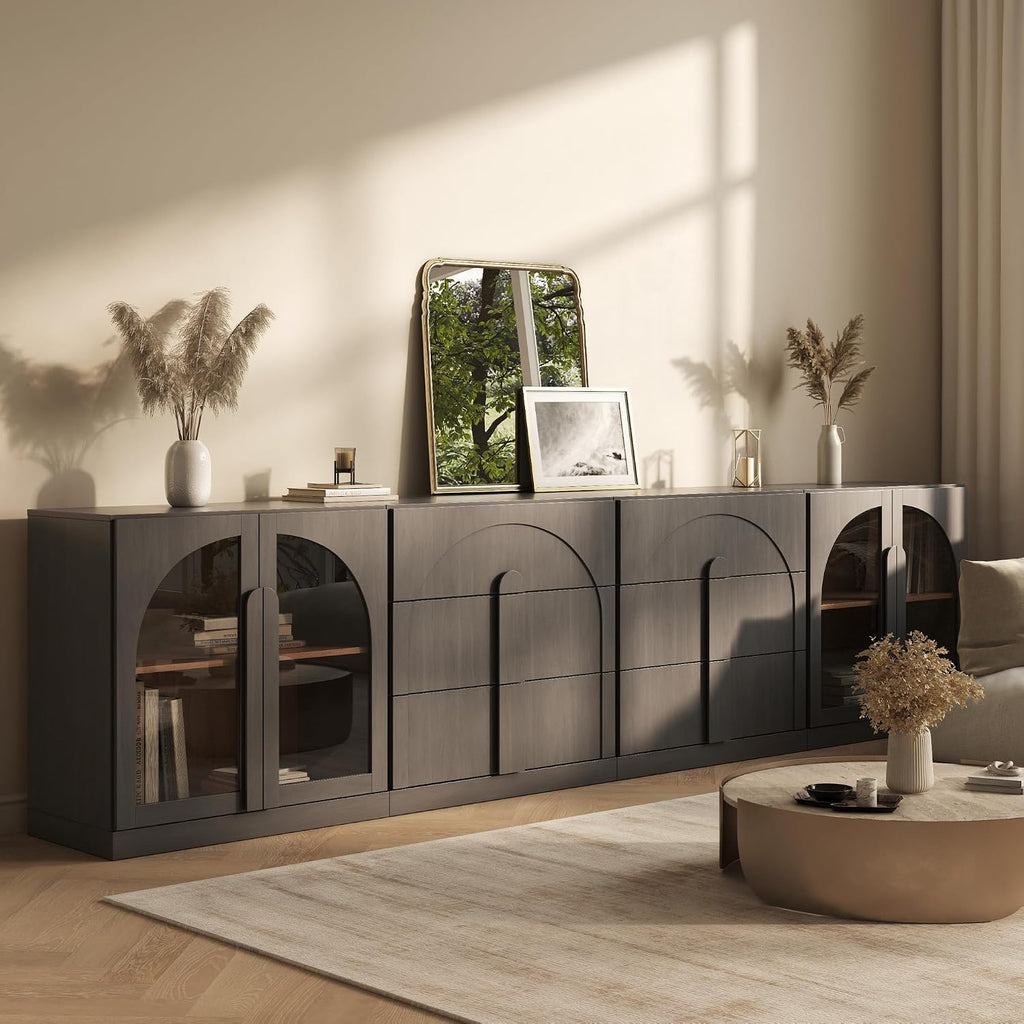 BELLEZE 4-Piece Modular Sideboard Buffet Cabinet Freely Configurable, Glass Door Storage with Adjustable Shelf and 3-Drawer Storage, Media Console Credenza for Living Room Kitchen, Ebony