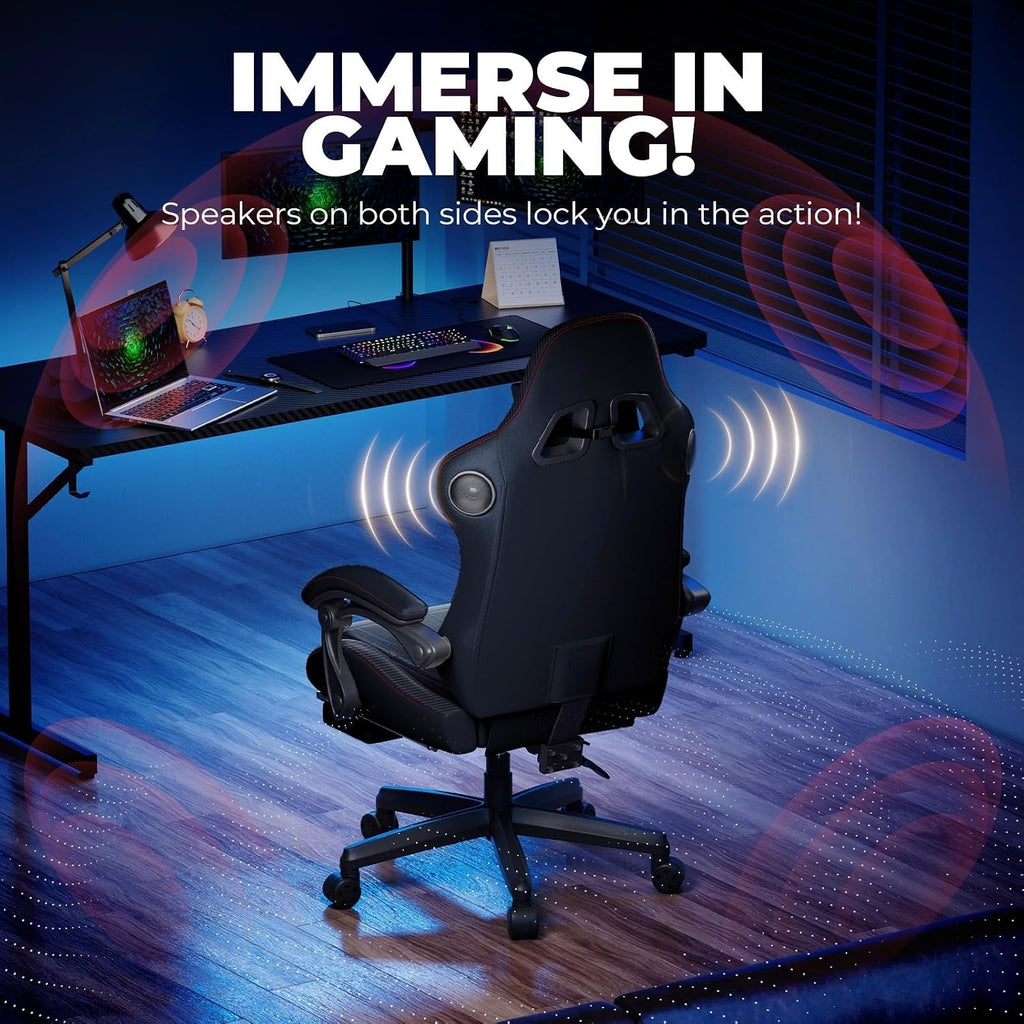 GTPLAYER ACE-PRO Music Gaming Chairs – Built-in Speakers, App Support & Bluetooth Control, Computer Game Chairs with Footrest for Adults, Ergonomic, Reclining, Linkage Armrest, Black & Red Stitch