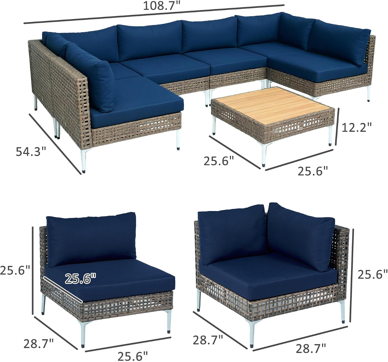 Outsunny 7 Piece Wicker Patio Furniture Set, Modular Outdoor Sectional with Thickened Cushions, Rattan Outdoor Furniture Conversation Set with Slatted Acacia Wood Table for Backyard, Brown/Dark Blue