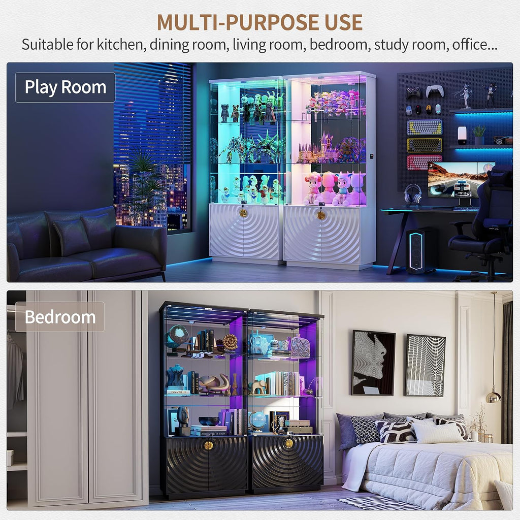 Lvifur 71'' Display Cabinet with Glass Doors,4-Tier Curio Cabinet with 3-Color Lights for Collectibles,Lockable Glass Display Case with Human Body Sensor,Tall Bookcase w/Shelves&Drawers,Black