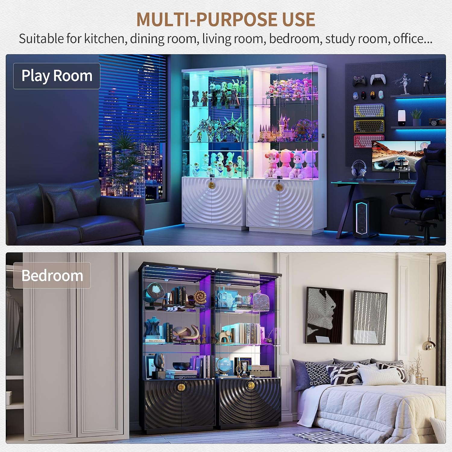 Lvifur 71'' Display Cabinet with Glass Doors,4-Tier Curio Cabinet with 3-Color Lights for Collectibles,Lockable Glass Display Case with Human Body Sensor,Tall Bookcase w/Shelves&Drawers,Black