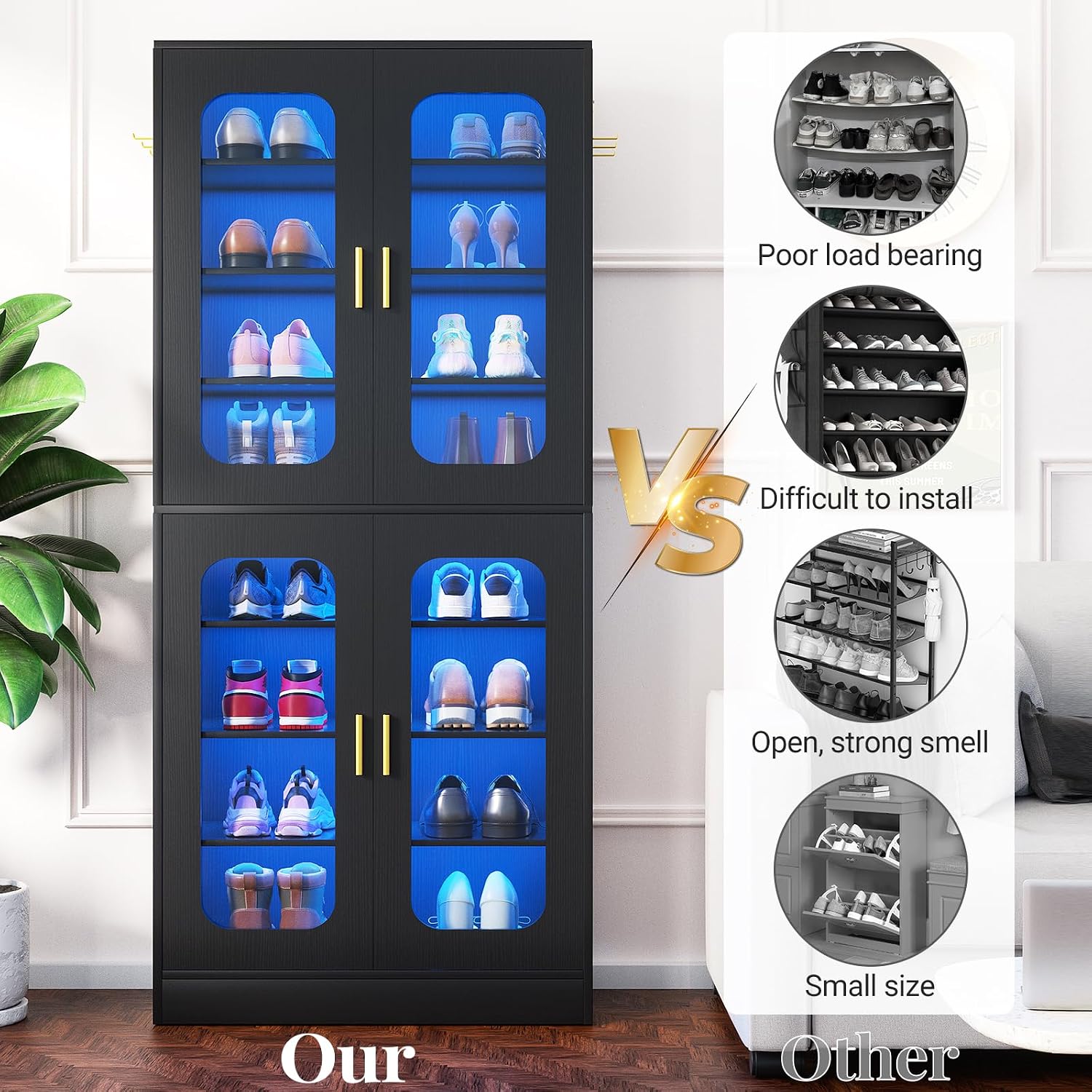 Cyclysio 67' Display Cabinet with PC Doors & LED Lighting - 8-Tier Storage Cabinet with 330lb Capacity & Adjustable Shelves for Entryway, Bedroom (Black, Set of 1)
