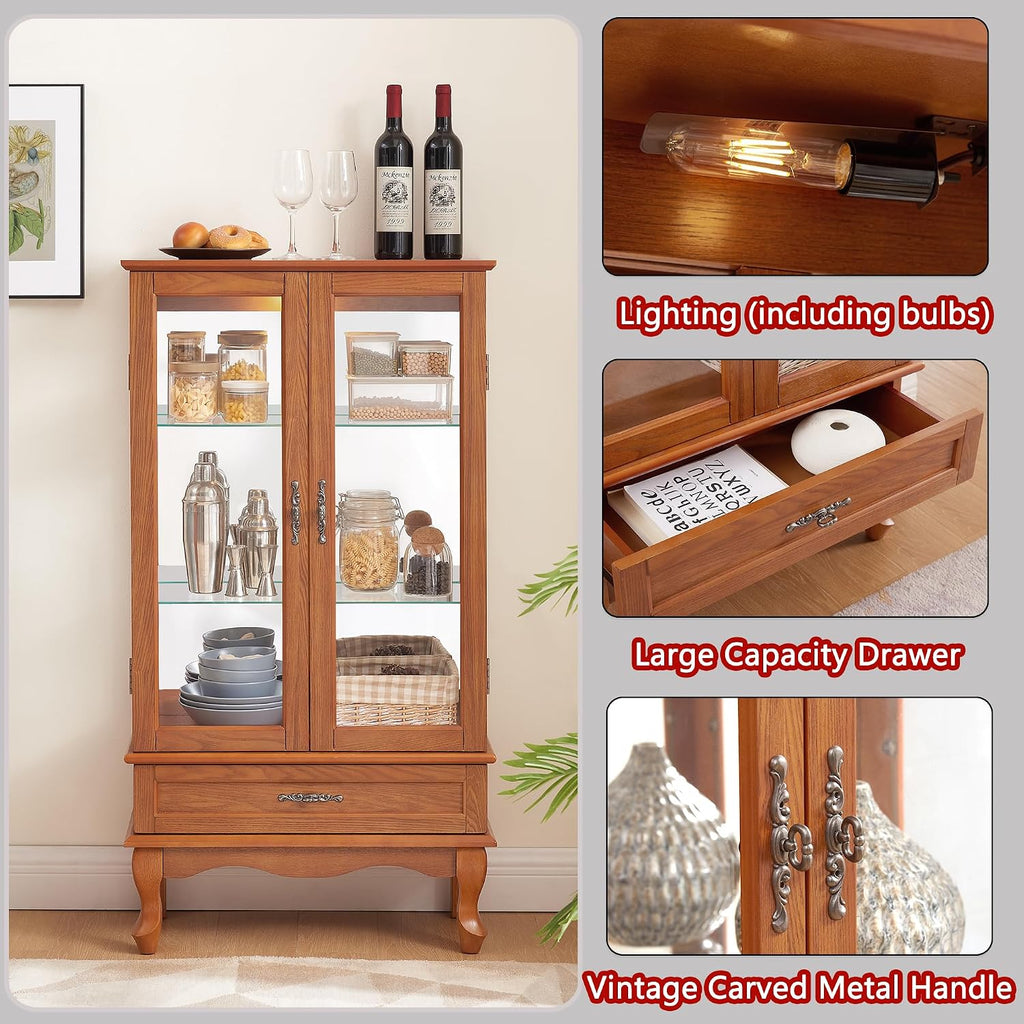 49' H Lighted Curio Display Cabinet with 2 Glass Doors & 1 Drawer, Wooden Curio Showcase w/Adjustable Shelves & Mirrored Back Panel, Wine Storage Cabinet Display Case for Living Room (Oak)