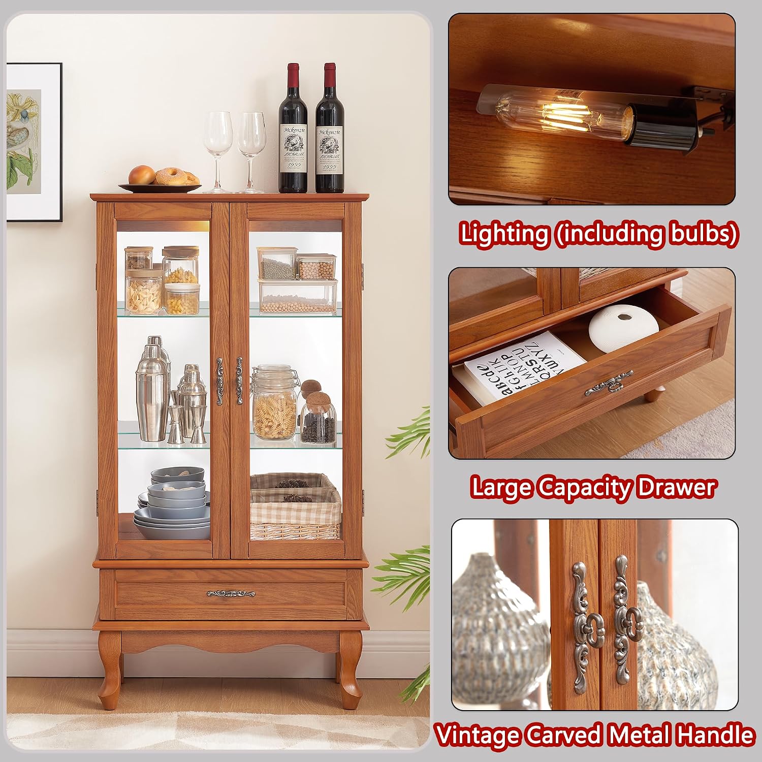 49' H Lighted Curio Display Cabinet with 2 Glass Doors & 1 Drawer, Wooden Curio Showcase w/Adjustable Shelves & Mirrored Back Panel, Wine Storage Cabinet Display Case for Living Room (Oak)