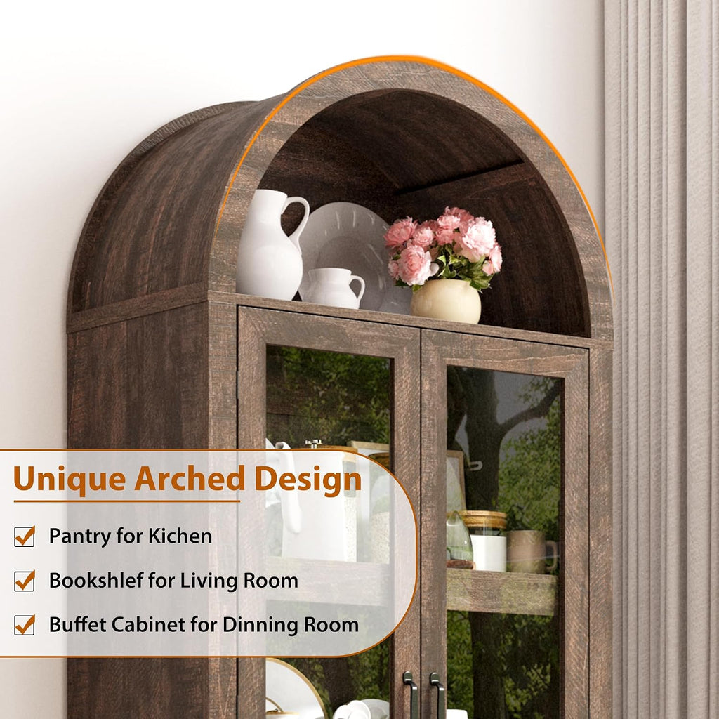 75' Tall Arched Kitchen Pantry Cabinet w Load-Bearing Steel Pipe,Modern Farmhouse Kitchens Storage Cabinet with Drawer and Glass Doors,Tall Arched Bookcase,Pantry Organizer(Rustic Brown)