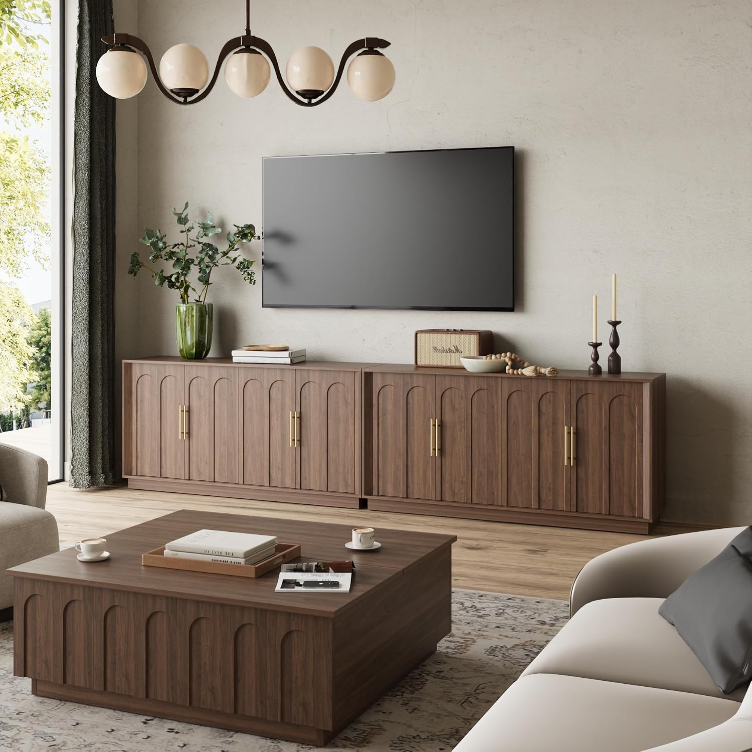 FORTUNETEC Sideboard Buffet Cabinet with Storage, Mid Century Modern Accent Cabinet with Arched Doors, Modular Media Console, Minimalist Credenza for Living Room Kitchen Dining Room Entryway, Walnut