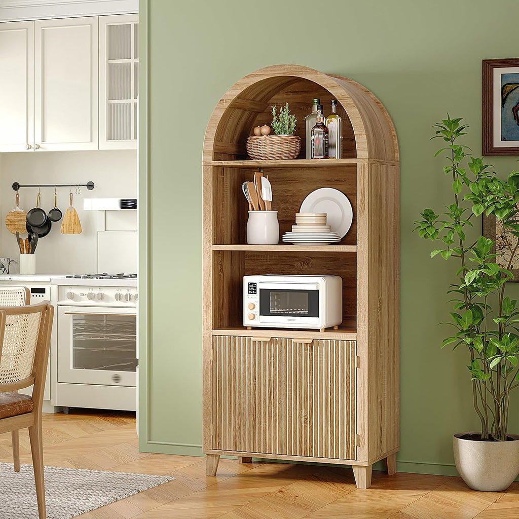 DurayLoly Book Shelf Arched Cabinet, 5-Tier Arched Bookcase with Doors and Adjustable Wood Shelves, Wooden Storage Cabinet with Open Display Shelf for Office,Living Room, Kitchen, Light Oak