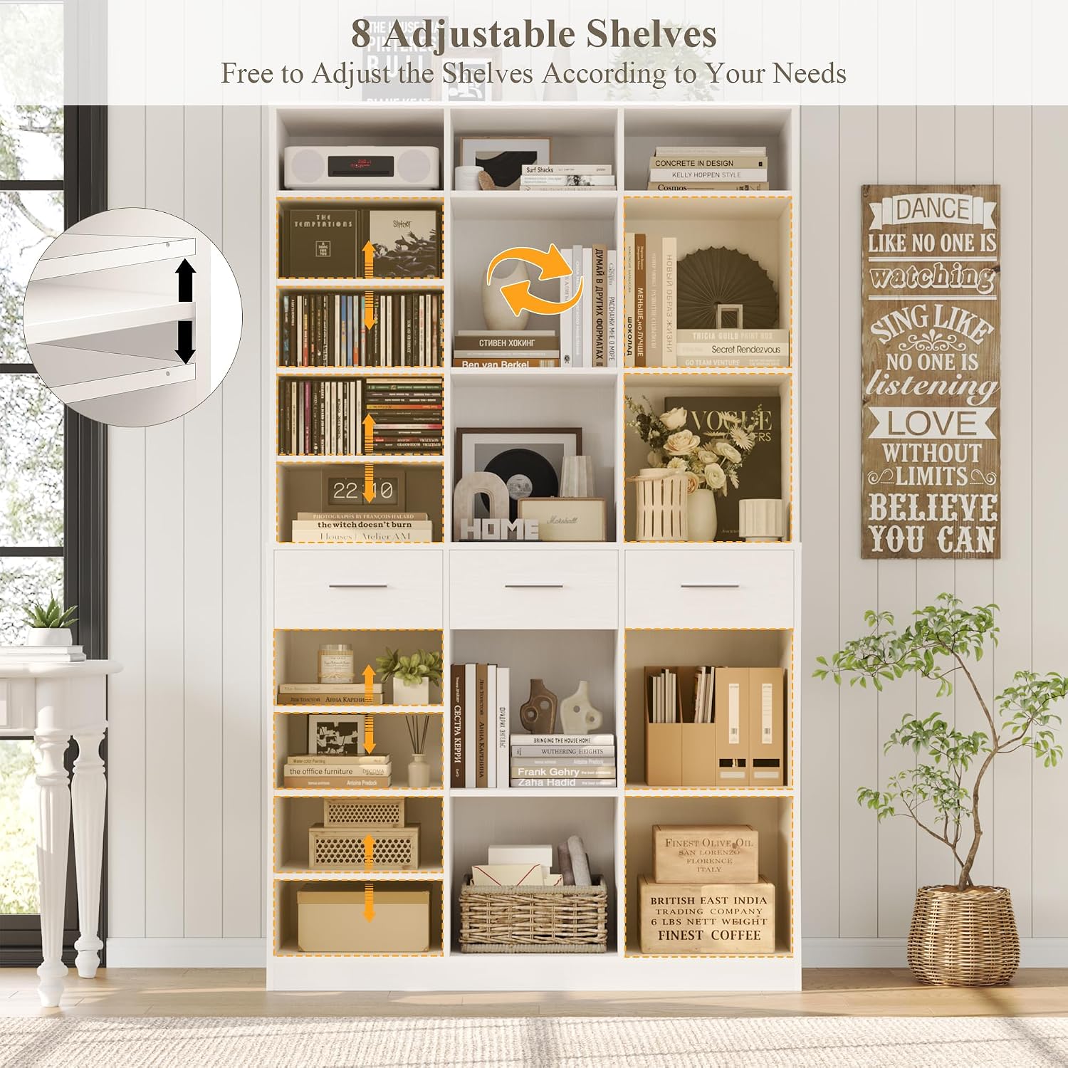 HOSTACK 75' Tall Book Shelf and Bookcase, 47' Wide Bookshelf with Drawers, Modern 9 Tier Bookcase with Storage, Large Wood Display Cabinet with Adjustable Shelves for Living Room, Home Office, White
