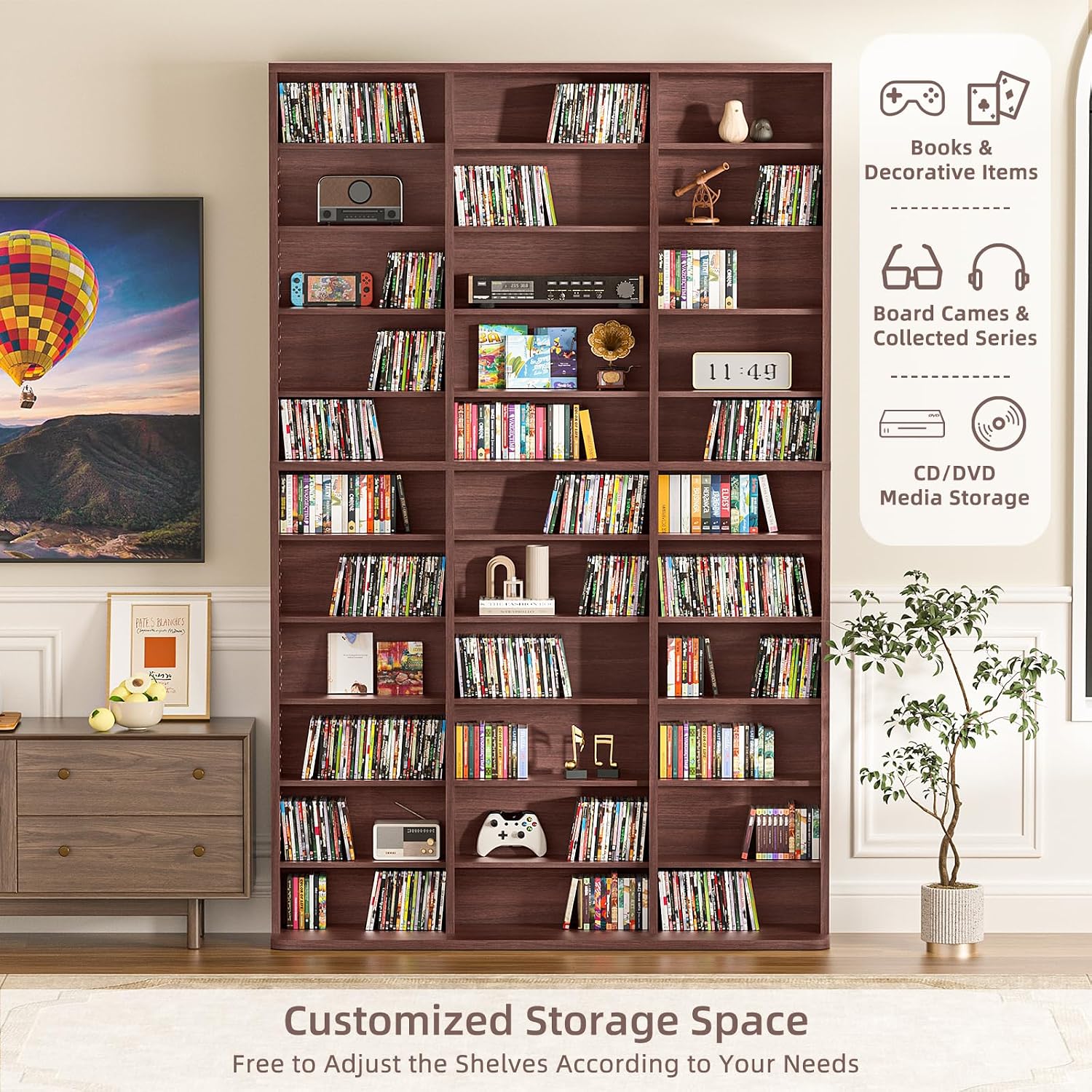 11 Tier Tall Display Cabinet, Walnut Media Storage Cabinet with Adjustable Shelves, Free Standing DVD Organizer Shelf, Floor multimedia storage manga bookshelf for Living Room & Home Office.