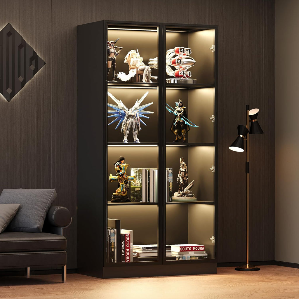 Wildhome Wooden Display Storage Cabinet with Glass Door, LED Lights,Showcase for Collections, Perfume, Vinyl Albums, Bookcase for Home Office, Living Room, Clinic, Pantry (Black- 4 Layers)