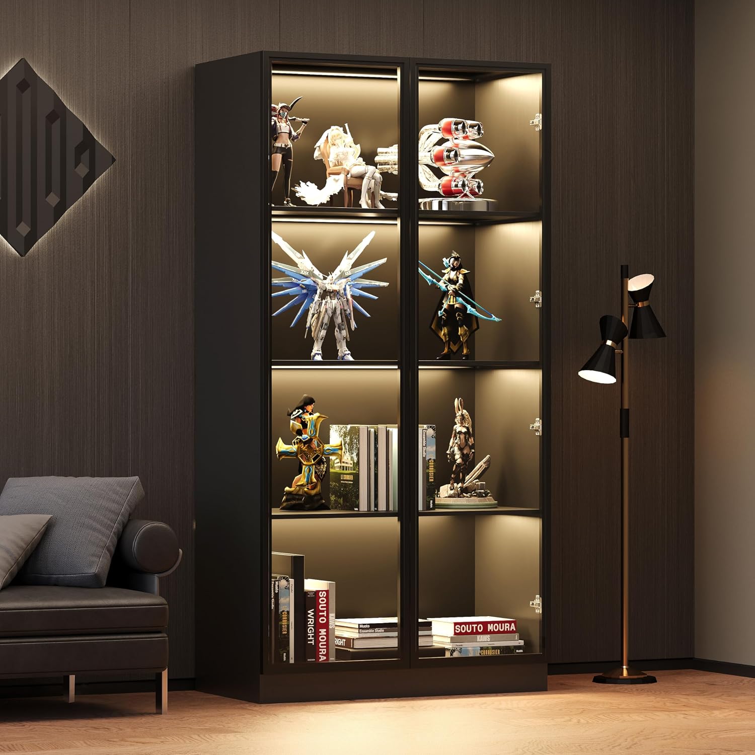 Wildhome Wooden Display Storage Cabinet with Glass Door, LED Lights,Showcase for Collections, Perfume, Vinyl Albums, Bookcase for Home Office, Living Room, Clinic, Pantry (Black- 4 Layers)