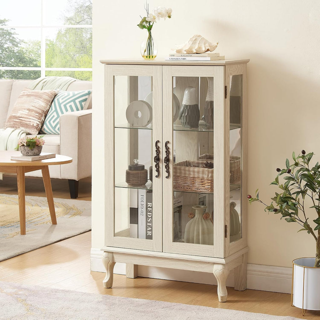 43' H Lighted Curio Cabinet Display Case, Glass Curio Cabinet with Adjustable Shelves & Tempered Glass Door, Wooden Cabinets with Mirrored Back Pane for Living Room (Antique White)