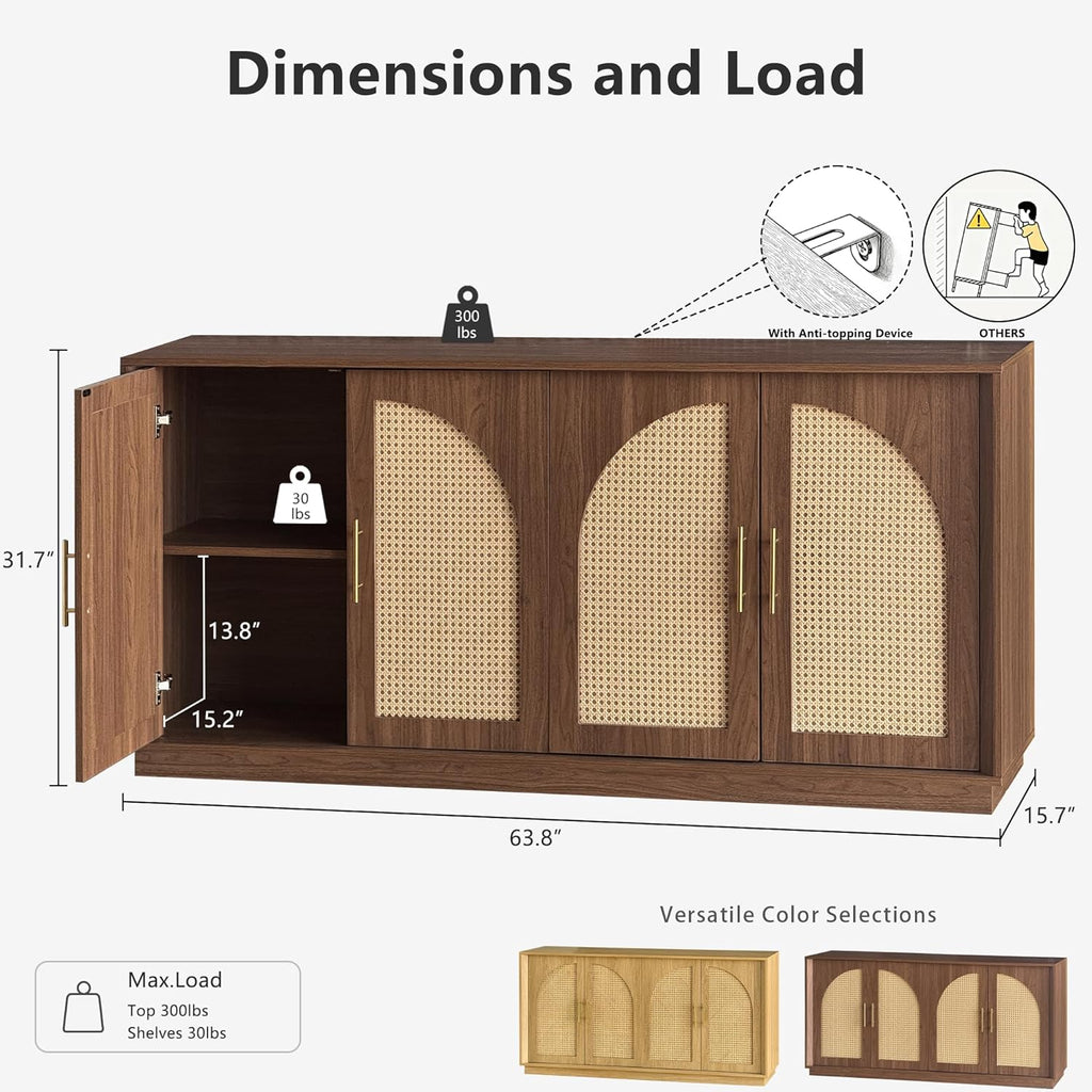FORTUNETEC 63' Sideboard Buffet Cabinet with Storage, Modern Accent Cabinet with Rattan Arched Doors, Modular Media Console, Boho Credenza for Living Room Kitchen Dining Room Entryway, Walnut