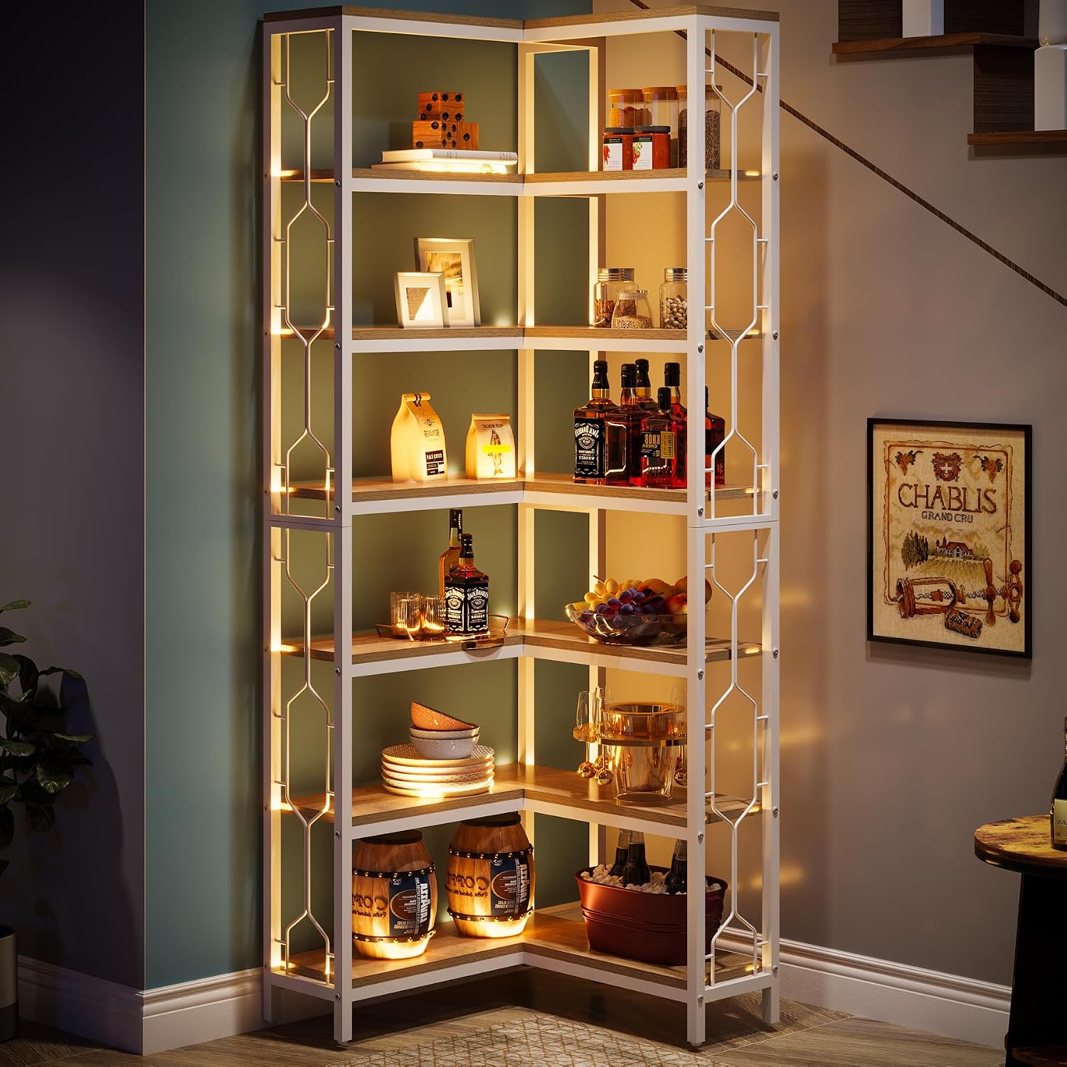 Tribesigns Corner Shelf, 7-Tier Industrial Corner Bookshelf, Wood and Metal Corner Etagere Bookcase, Freestanding Display Shelf for Living Room, Kitchen, Home Office, White and Walnut