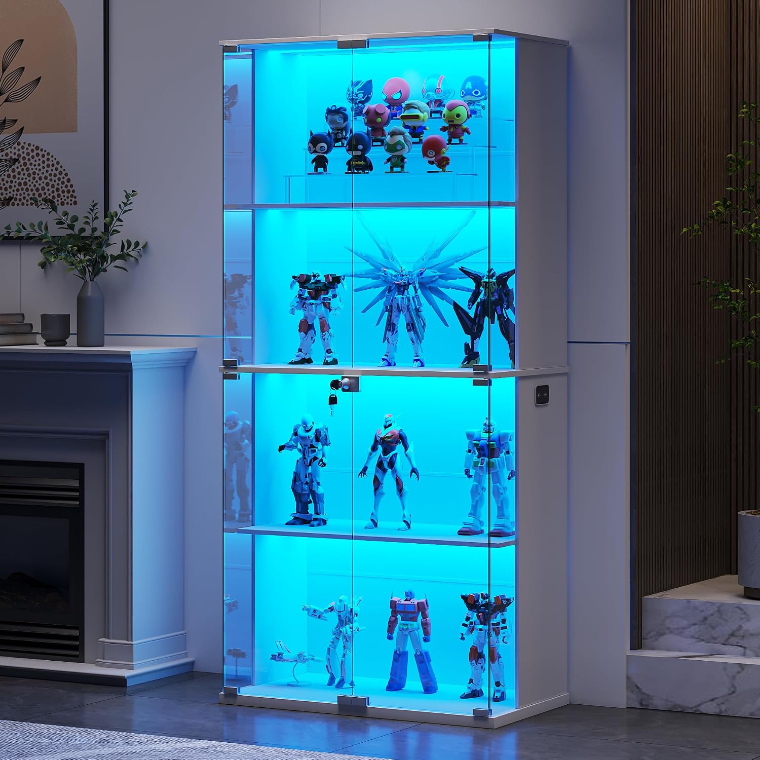 Display Cabinet with Glass Door,Lighted 4-Tier Curio Cabinet with3 Color Lights for Collectibles Bookcases,66' Lockable Display Case with Human Body Sensor,White