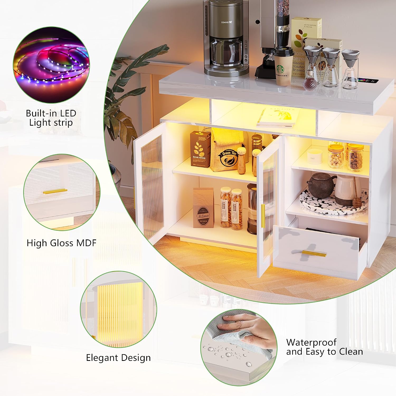 HNEBC LED Sideboard Buffet Cabinet with Charging Station, Smart Bar Cabinet with Auto RGB Lighted, High Gloss Coffee Bar with Drawer/Hutch for Living Room, Dining Room, Home Storager(White)