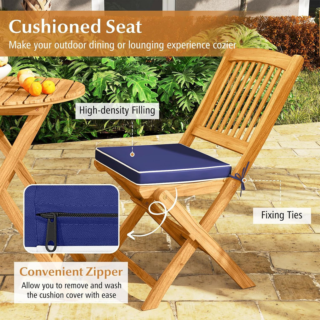 Tangkula 3 Pieces Acacia Wood Patio Folding Bistro Set, Outdoor Table and Chairs Set with Soft Cushions, Patio Furniture Set for Porch, Balcony, Garden, Deck and Backyard
