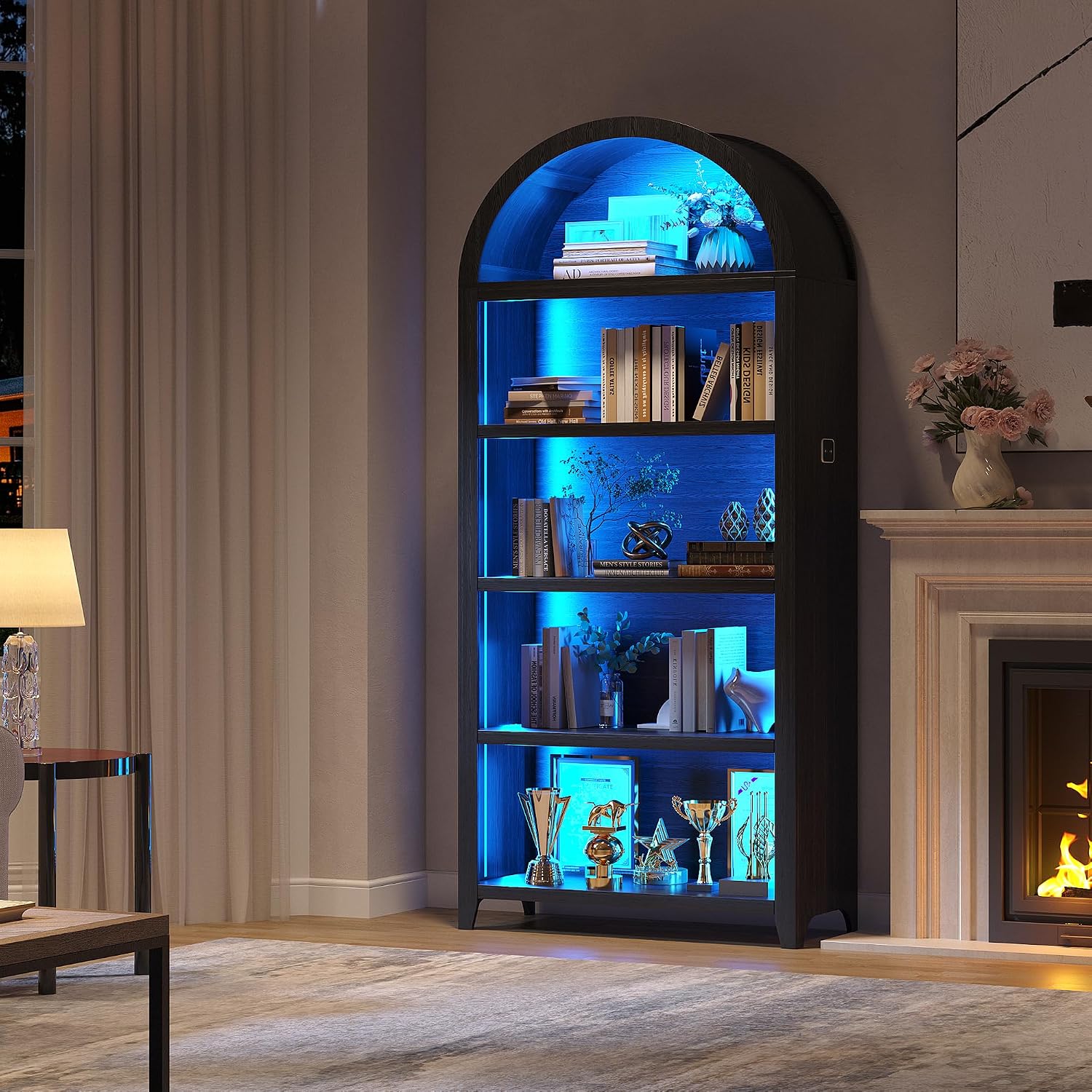 Arch Bookcase - 5 Tiers Bookshelf with 3 Colors LED Sensor Lights and Thickened Wooden Design Display Shelf for Lego Books Bathroom Living Room - Ideal Gift (Black)