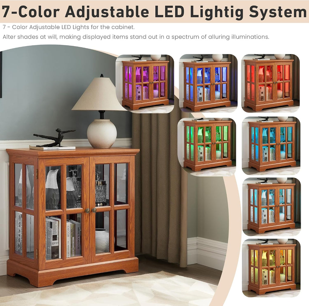 32' H LED Accent Curio Cabinet with 7 Color Lights for Collectibles, Modern Storage Cabinet with Tempered Glass Doors, Sideboard Buffet Case with Smartphone-Controlled Lights (Dark Oak)