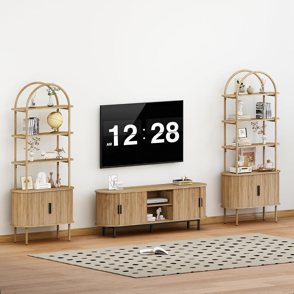 Turtle&Myrtle Tall Arched Bookshelf, Mid Century Modern Fluted Bookcase Cabinet with Sliding Doors, Curved Metal Frame Bookcase, Industrial Storage Display Shelving for Living Room, Bedroom (Natural)
