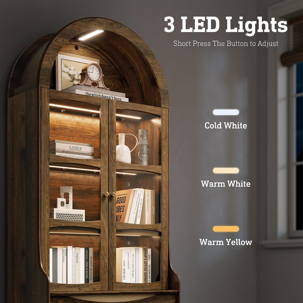 STO'SENSE 74' Tall Arched Bookshelf with LED Lights,4-Tier Modern Farmhouse Arched Bookcase with Glass Doors and Shelves,Wooden Display Cabinet with 2 Drawers for Living Room, Dining Room (Walnut)