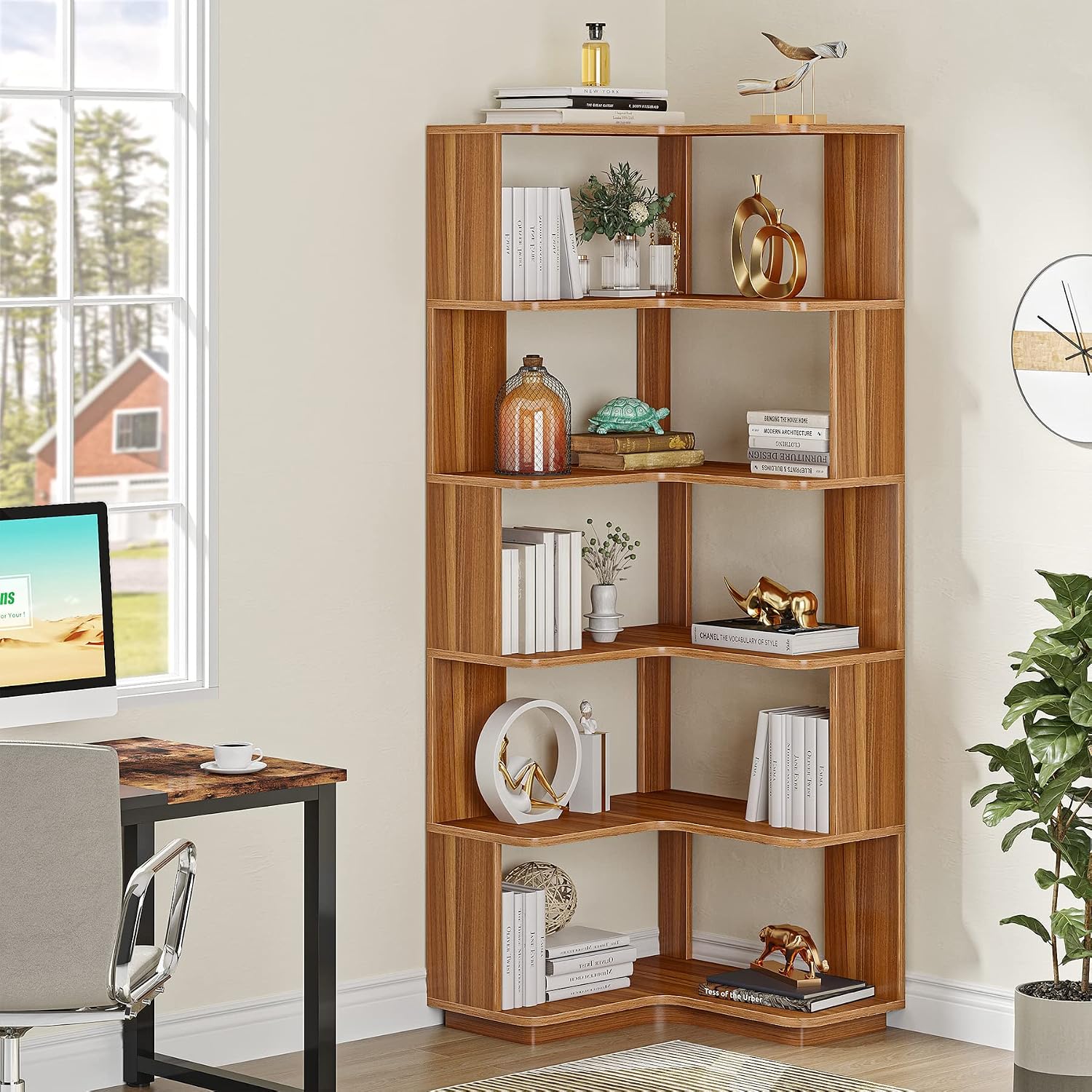 LITTLE TREE 6-Shelf Corner Bookshelf, 65' Tall L Shaped Bookcase, 6-Tier Industrial Corner Shelf Storage Display Rack for Living Room Home Office, Wood Grain Walnut