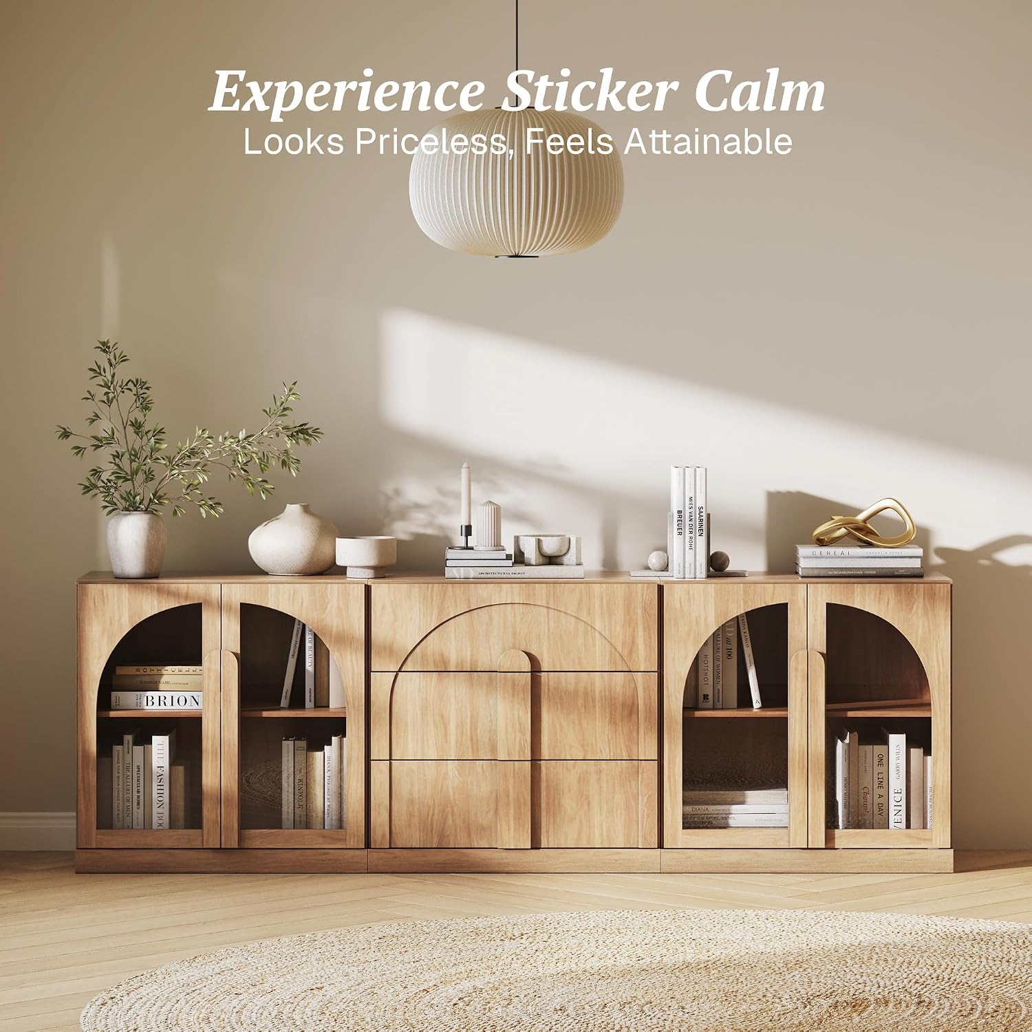 BELLEZE 3-Piece Modular Sideboard Cabinet Freely Configurable, Modern Wood Buffet Cabinet Contain 2 Arched Cabinets and a 3-Drawer Storage, Media Console Credenza for Living Room Kitchen, Camel